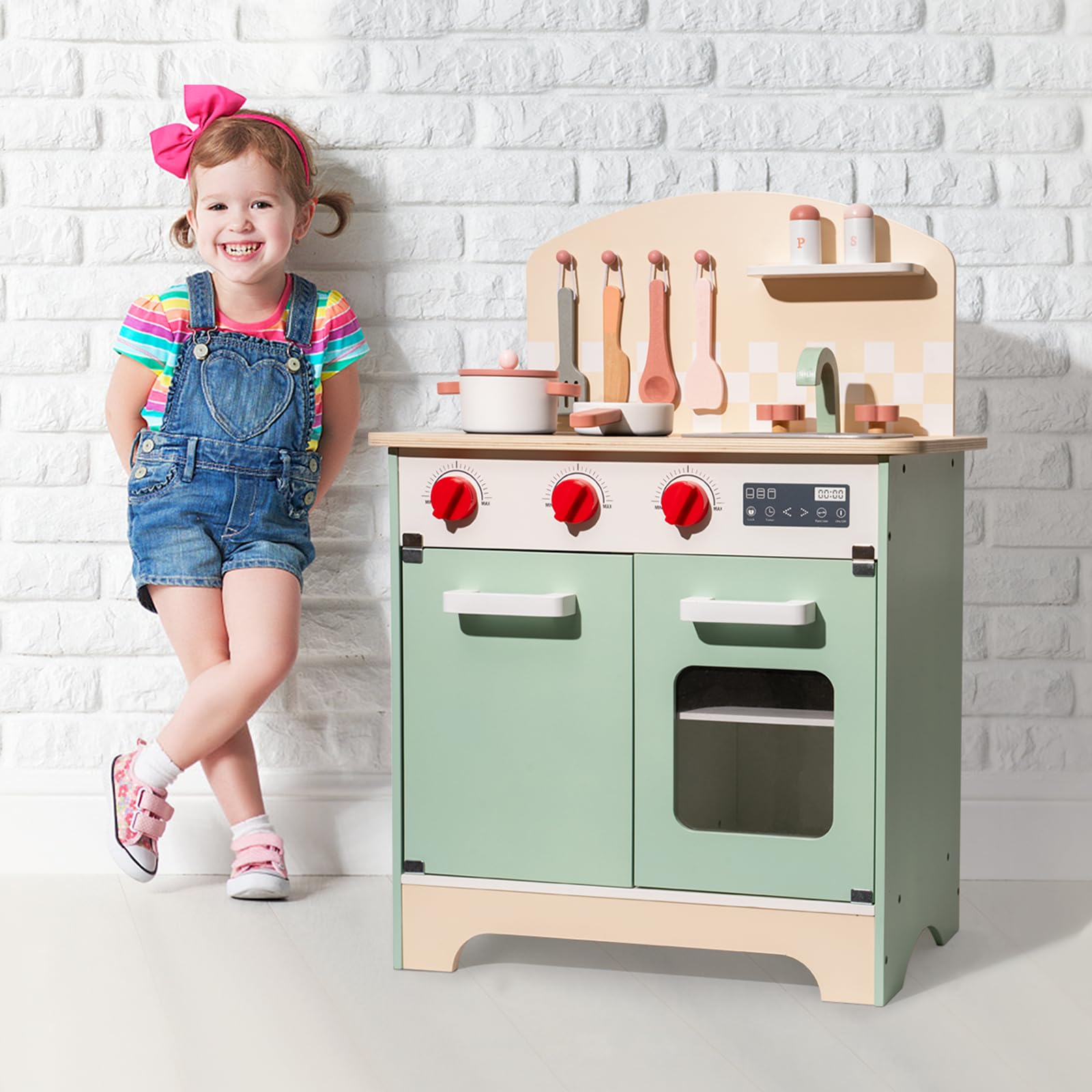 ROBOTIME Wooden Play Kitchen Toy Set for Kids Ages 3-8 - Realistic Pretend Chef Cooking Playset with Utensils for Toddlers & Preschoolers (Green) | Pretend Play, Birthday Gift, Daycare Learning Activity