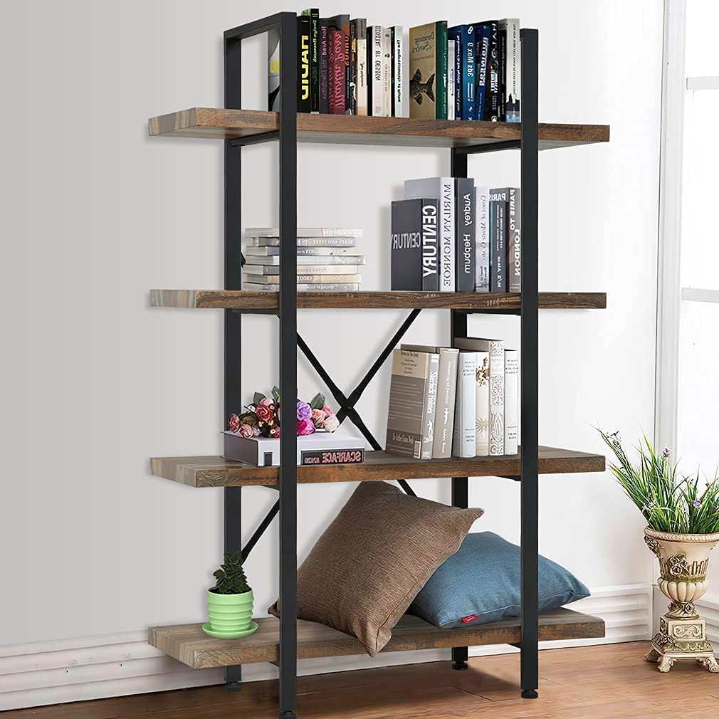 4-Tier Solid Wood Bookcase with Metal Frame - Rustic Vintage Industrial Bookshelf for Home Office & Living Room - Open Storage Shelf for Books, Decor & Display - Distressed Brown Farmhouse Style