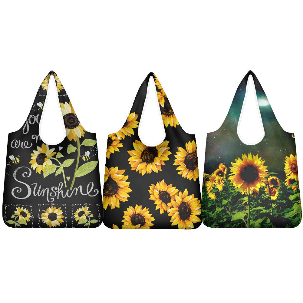 WELLFLYHOM Reusable Grocery Bags 3 Pack - Foldable Large Shopping Tote Bags with Pouch, Waterproof Ripstop Fabric, Machine Washable Eco-Friendly Bags for Women (Sunflower Design) - Perfect for Grocery Shopping, Farmers Market & Travel
