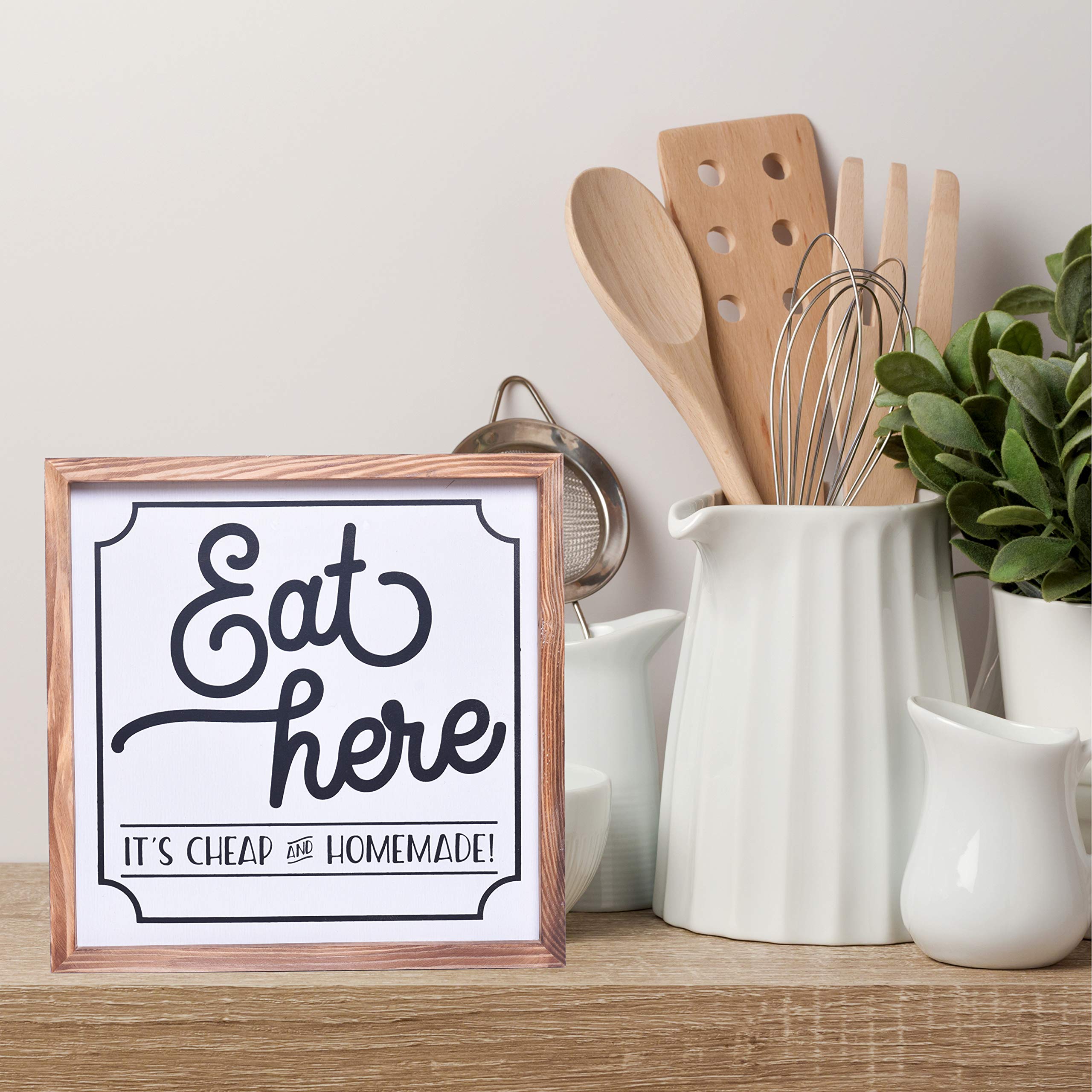 Farmhouse Kitchen Decor - Rustic 'Eat Here' Wooden Sign 12x12 Inches with Wood Frame - Country Style Kitchen Wall Art & Accessories - Perfect for Dining Room, Kitchen Decor, and Farmhouse Style Homes