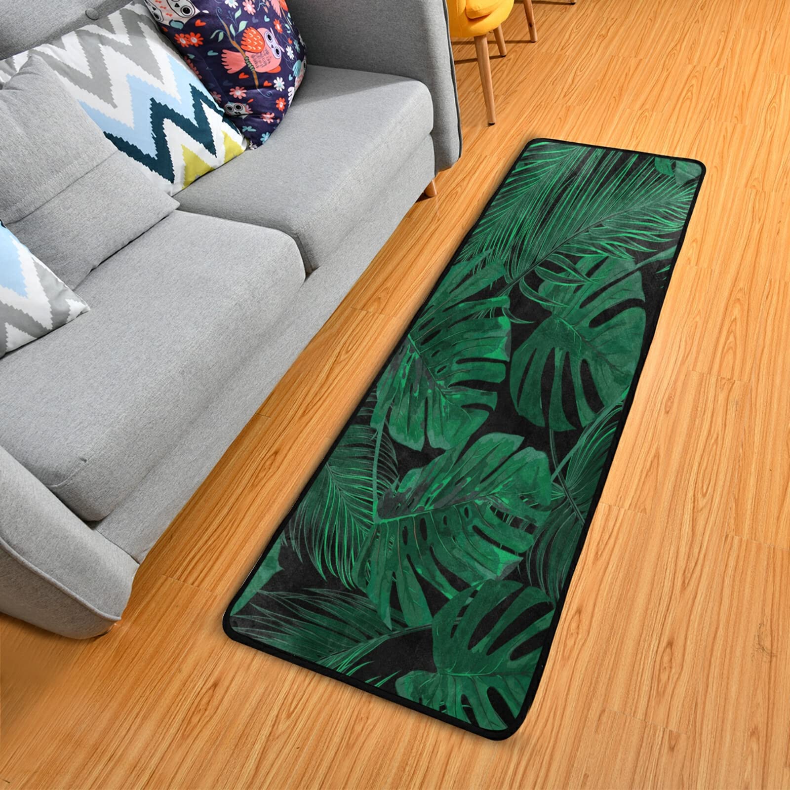 ALAZA Tropical Palm Leaf Area Rug 2' x 6' - Green & Black Non-Slip Floor Mat for Living Room, Bedroom, Kitchen - Boho Home Decor & Vacation Style Accent Rug (Perfect for Beach Houses, Patios and Summer Themed Spaces)