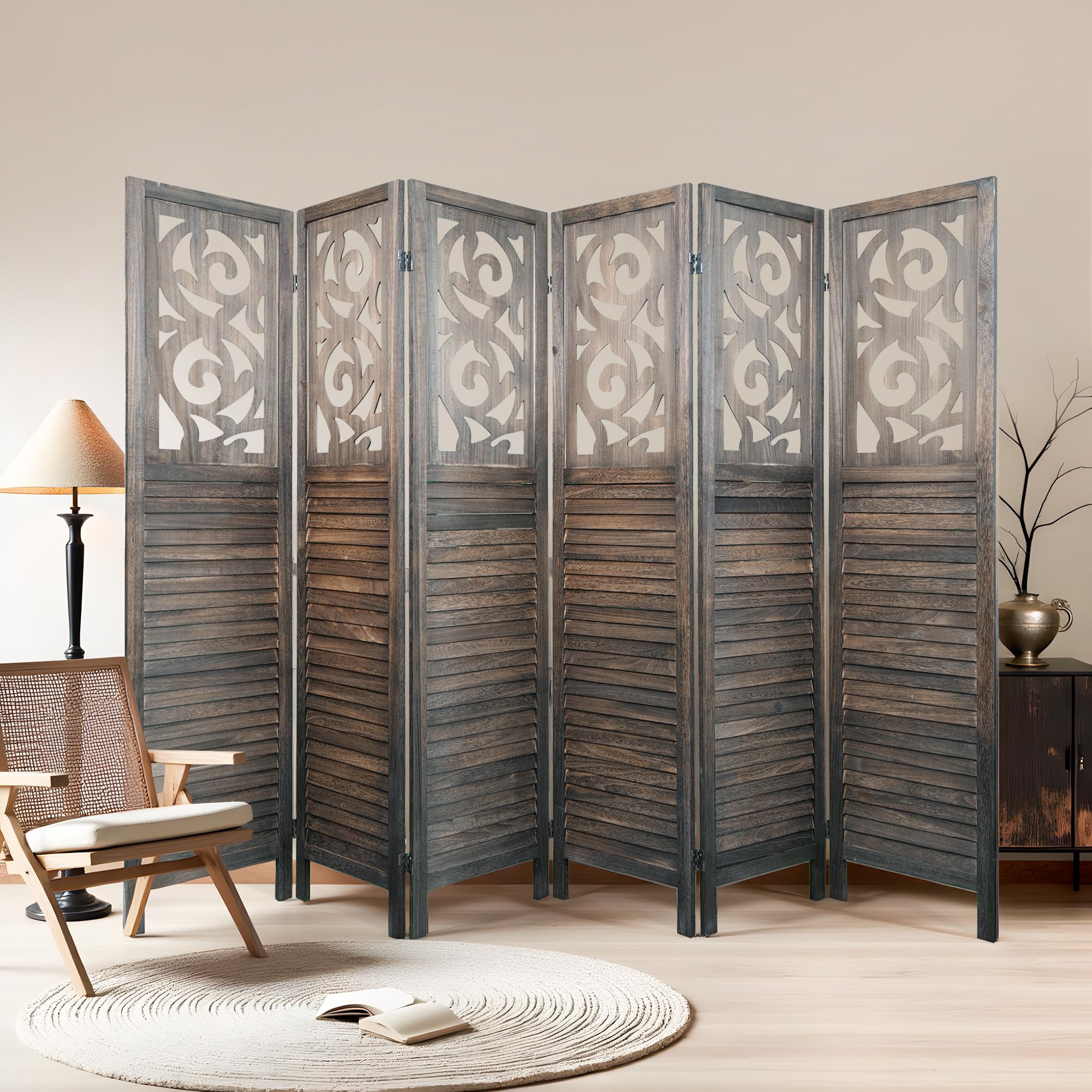 5.6FT Folding Wood Room Divider Panel - 6 Panel Rustic Brown Partition Screen for Bedroom, Office & Living Room Separation - Handcrafted Wooden Room Divider for Privacy & Home Decor