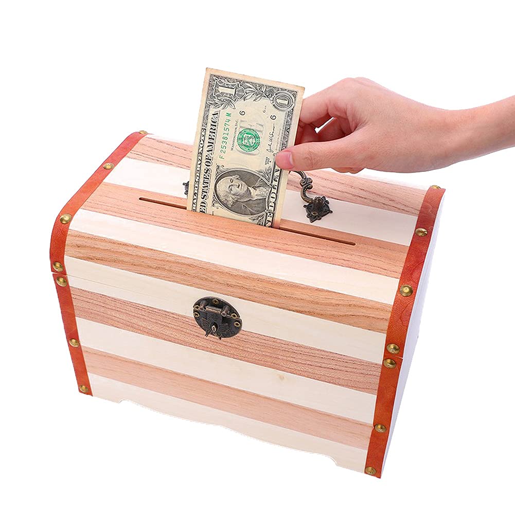 Handmade Wooden Money Storage Box with Lock & 2 Keys - Treasure Chest Piggy Bank, Jewelry Organizer for Cash, Coins & Valuables | Perfect for Kids Savings, Gift Giving & Home Decor