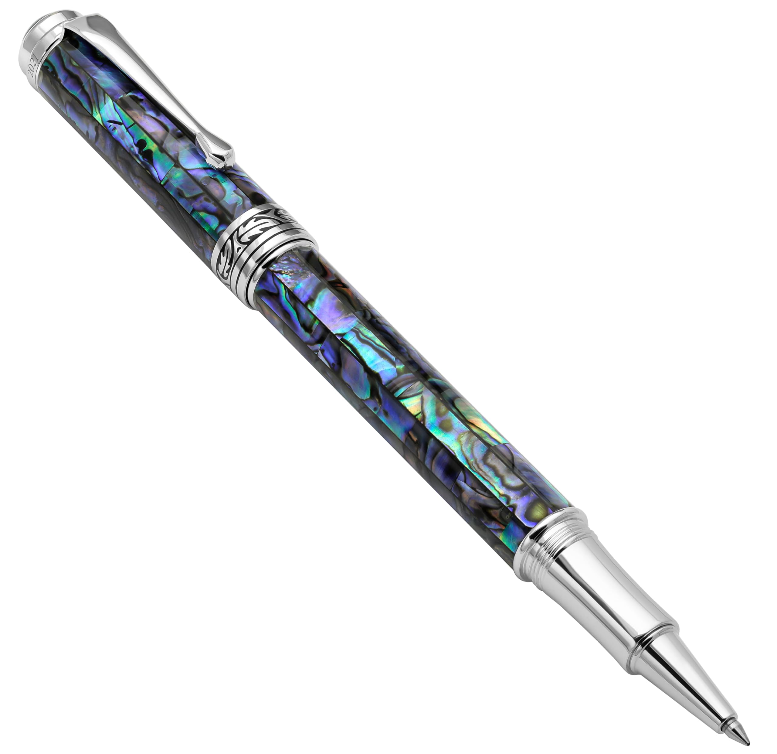 Xezo Maestro Fine Point Rollerball Pen - Handcrafted Limited Edition with Natural Abalone Shell Inlay & Platinum Plating (Serialized) - Perfect for Business Gifts, Executive Writing & Luxury Collectibles