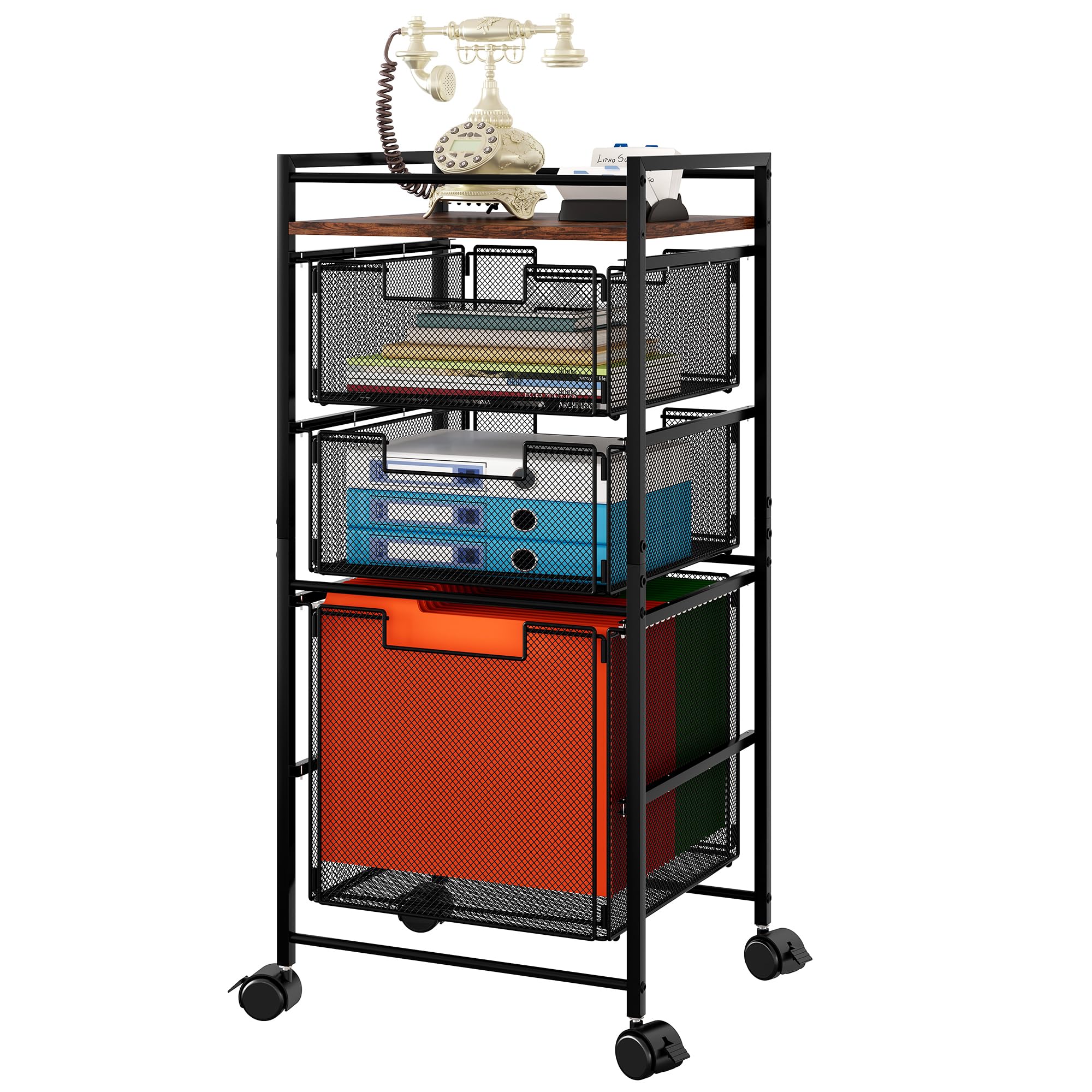 EasyPAG Rolling File Cabinet - Mobile Metal File Organizer Storage Cart with 4 Swivel Casters & Removable Drawers (1 File + 2 Small Drawers) - Black | Perfect for Office, Home, or Classroom Document Organization