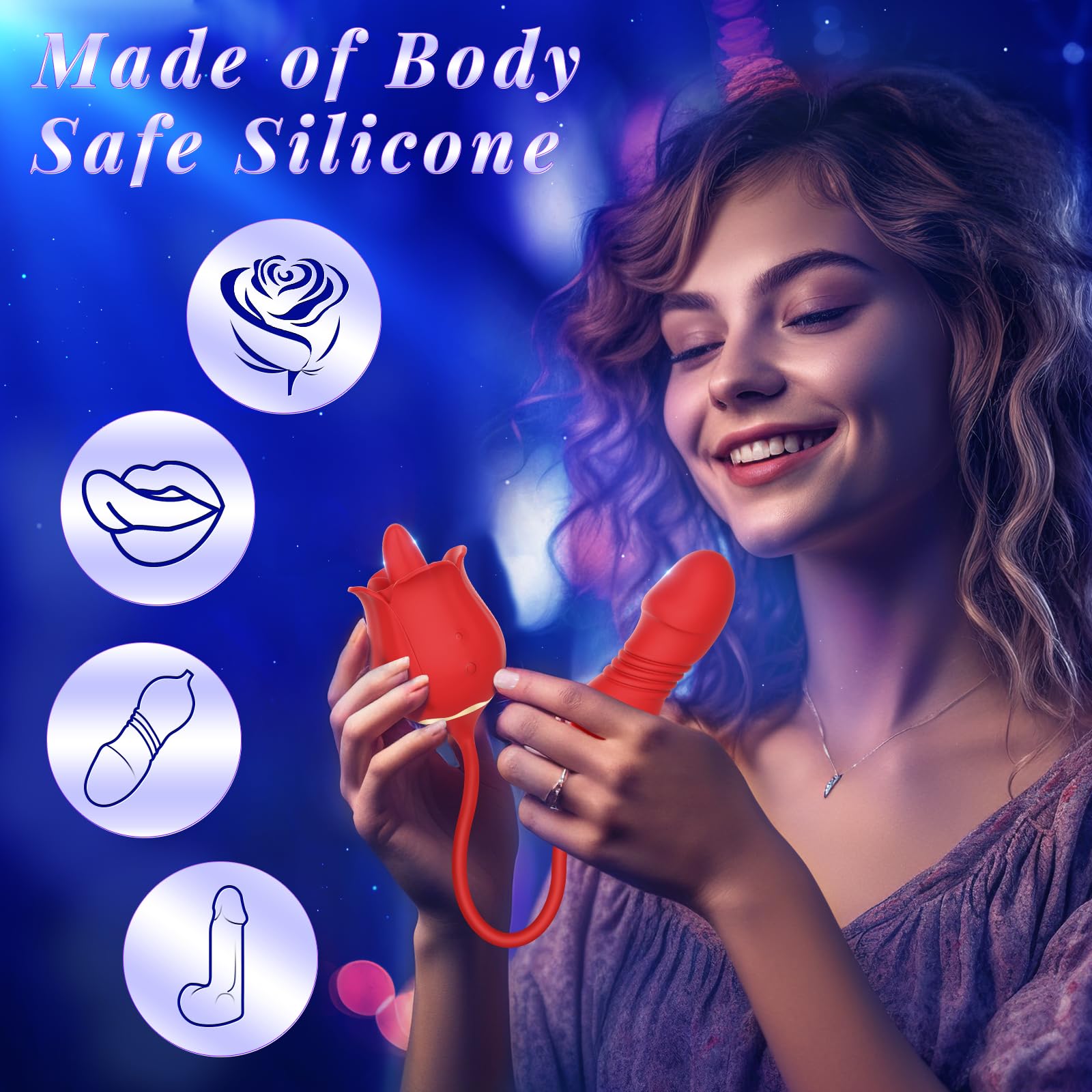 Premium Rose Vibrator for Women - 9 Powerful Vibration Modes, G-Spot & Clit Stimulation, Hands-Free Thrusting Dildo with Soft Tongue Licking - Perfect for Couples Play, Solo Pleasure & Sensual Massage