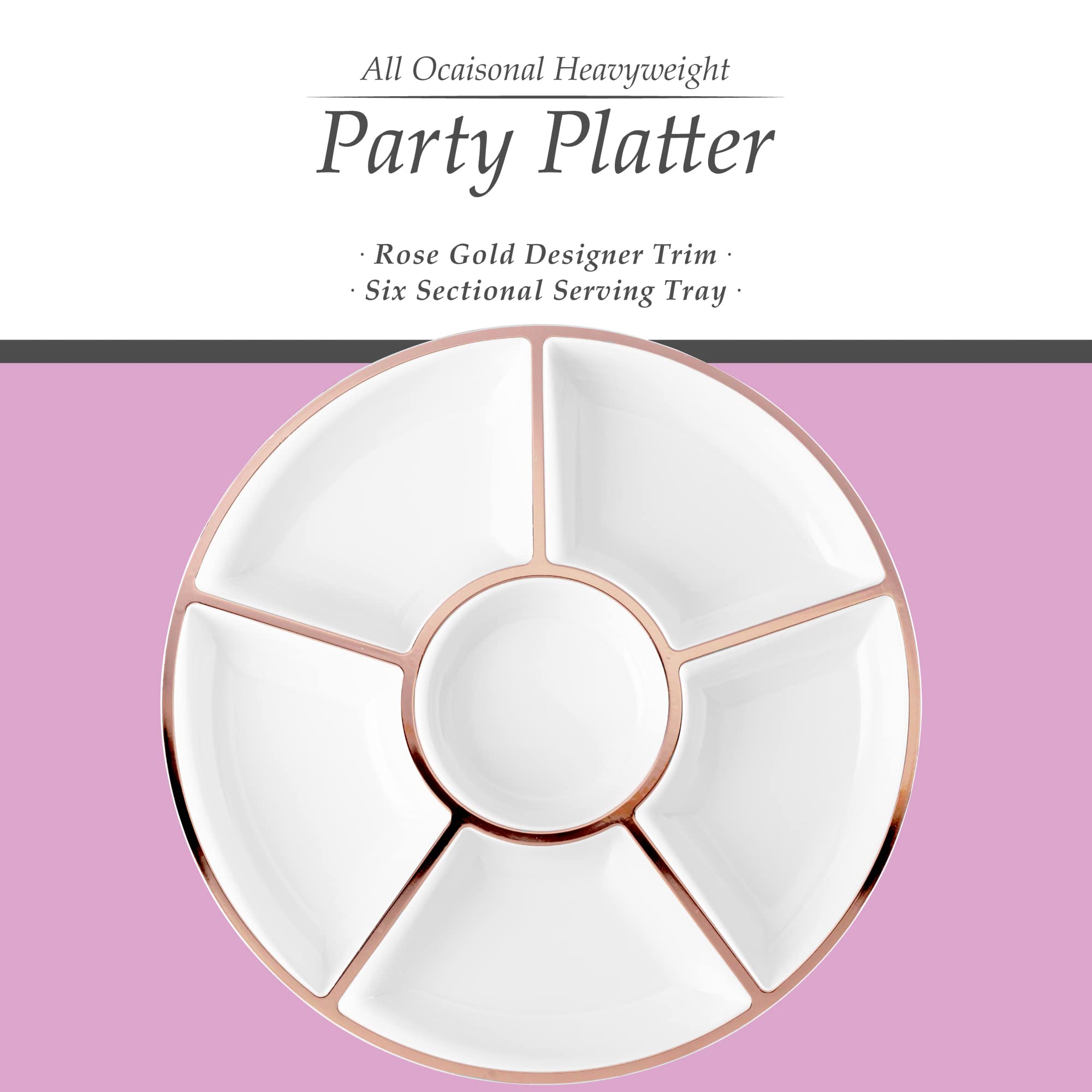 Plasticpro 6-Section Round Serving Tray Set - 4-Piece White & Rose Gold Appetizer Platter for Party Snacks, Entertaining Guests - Perfect for Weddings, Baby Showers & Holiday Gatherings - Ideal for Cocktail Parties, Bridal Showers & Christmas Celebrations - Great for Charcuterie Boards, Dessert Displays & Finger Food Serving at Home Events - Elegant Serving Solution for Cheese, Fruits, Canapés and Hors d'oeuvres at Dinner Parties and Special Occasions