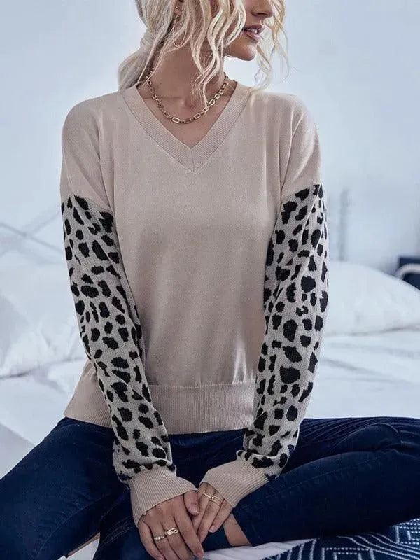 Women's V-Neck Knitted Sweater Top with Wild Print Sleeves - Soft Casual Pullover for Fall & Winter | Perfect for Office, Date Night & Weekend Outfits