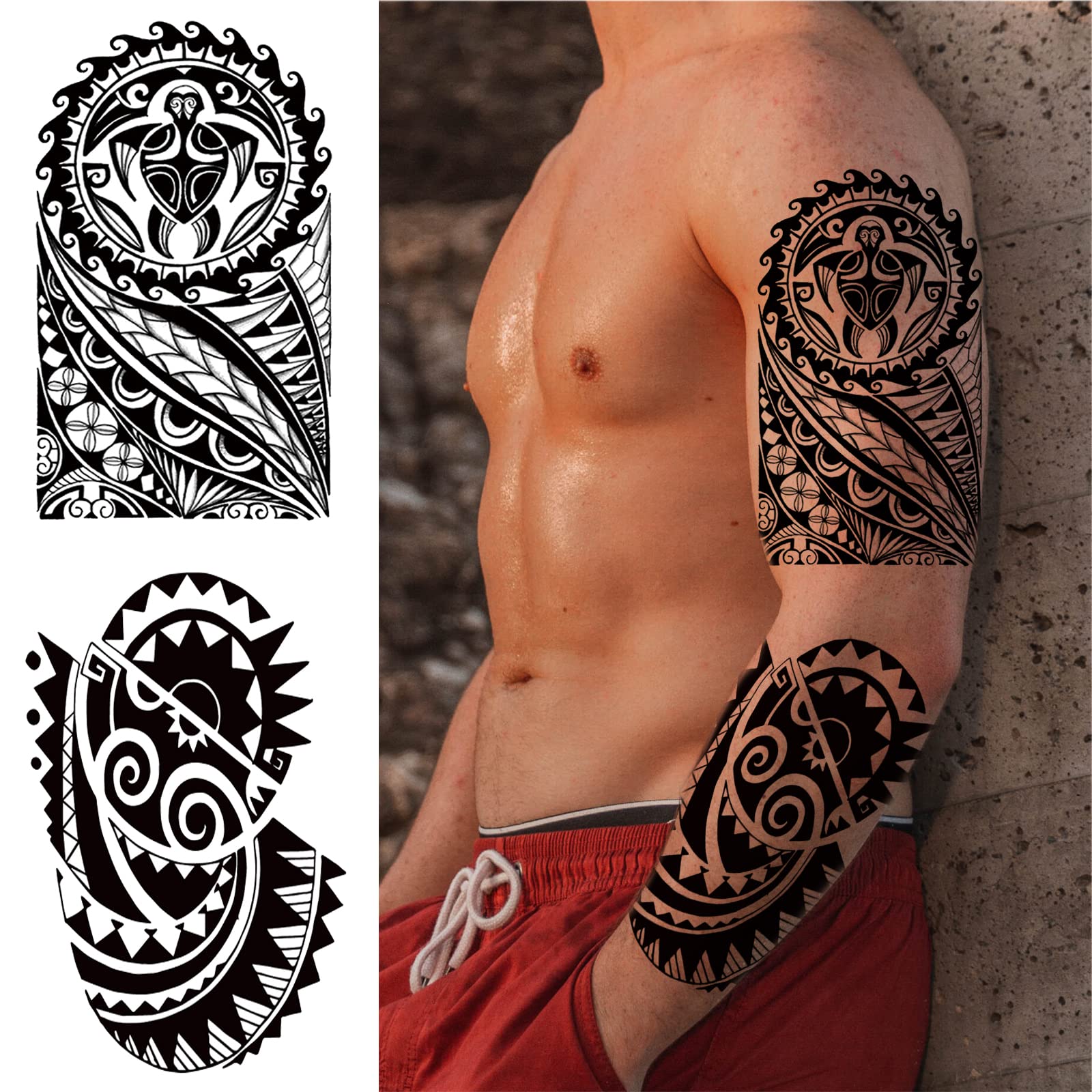 Authentic Polynesian Tribal Totem Temporary Tattoos for Men - Large Black Hawaiian Turtle Design, Long Lasting Realistic Body Art Stickers (8 Sheets) - Perfect for Costume Parties, Festivals, and Cultural Events