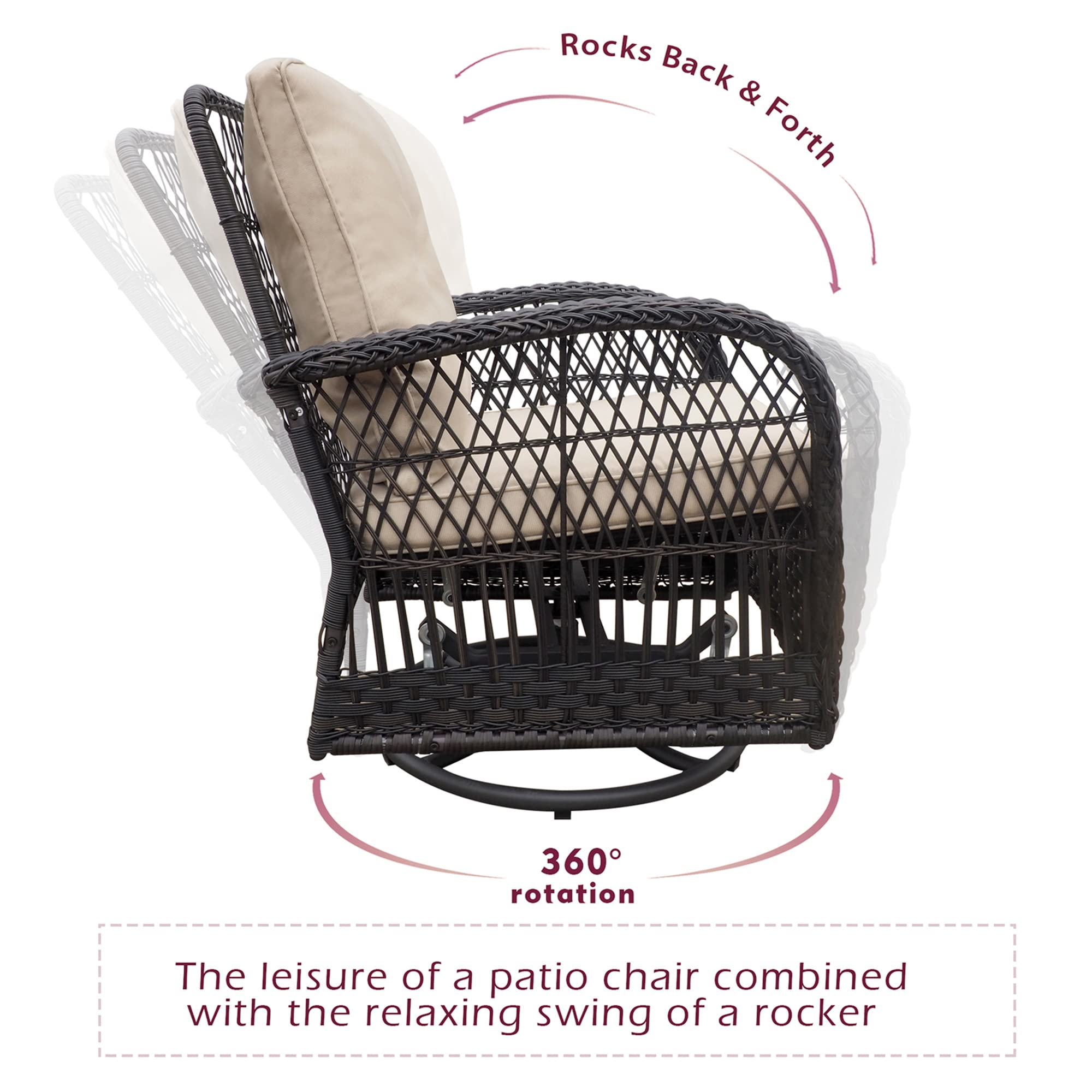 Premium 360° Swivel Wicker Rocker Patio Chairs Set of 3 with Coffee Table & Cushion - Indoor/Outdoor Rattan Bistro Furniture for Porch, Garden & Backyard Relaxation