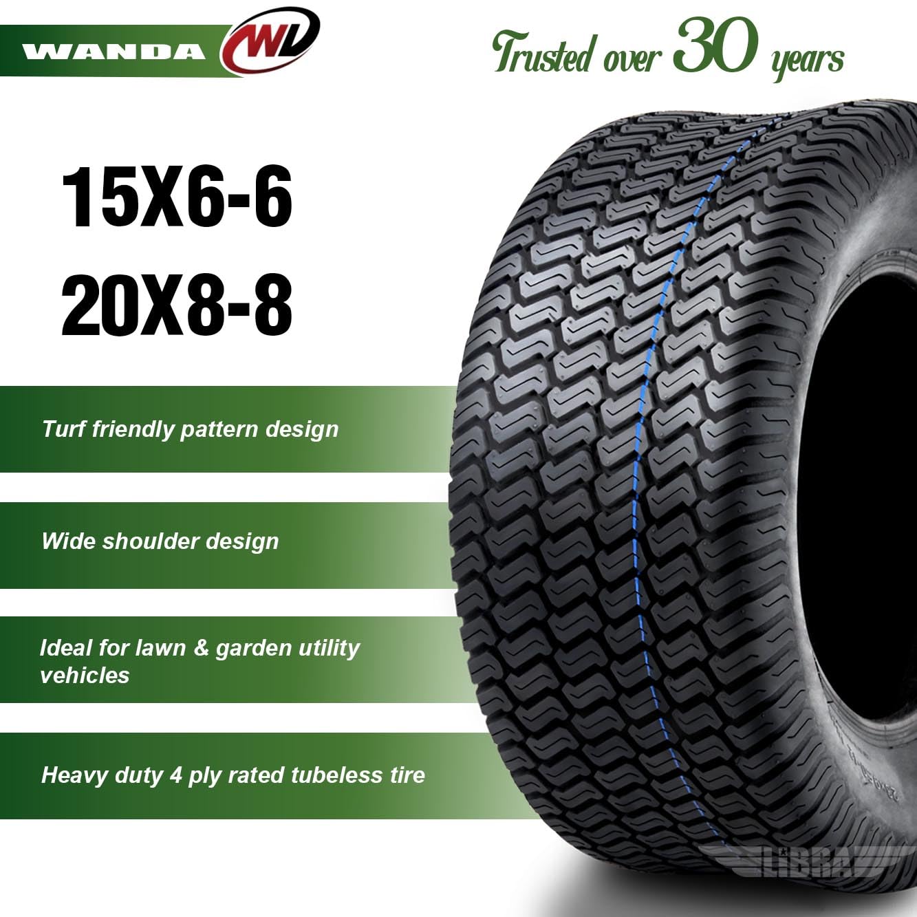WANDA (Set of 4) 15X6-6 & 20X8-8 Lawn Mower Tractor Cart Turf Tires 4 Ply - 13016/13035 - Perfect for Lawn Care, Landscaping & Garden Maintenance