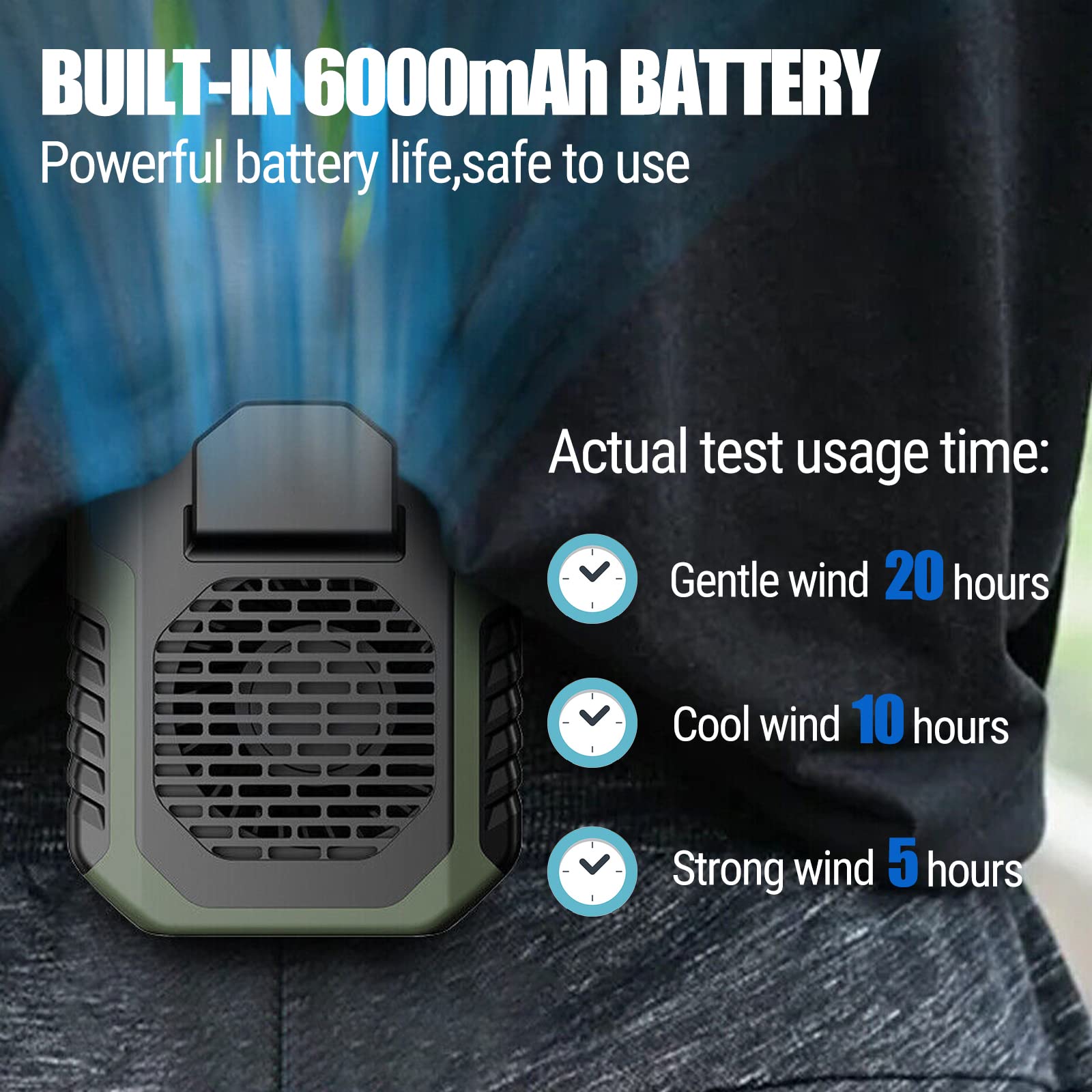 Portable Waist Fan 6000mAh Rechargeable - Necklace Personal Fan with 20 Hours Working Time, 3 Speed Settings & 6000RPM Strong Airflow - Hands-Free Cooling Fan for Outdoor, Jobsite, Farm, Travel, Cycling, Hiking, Camping (Green)