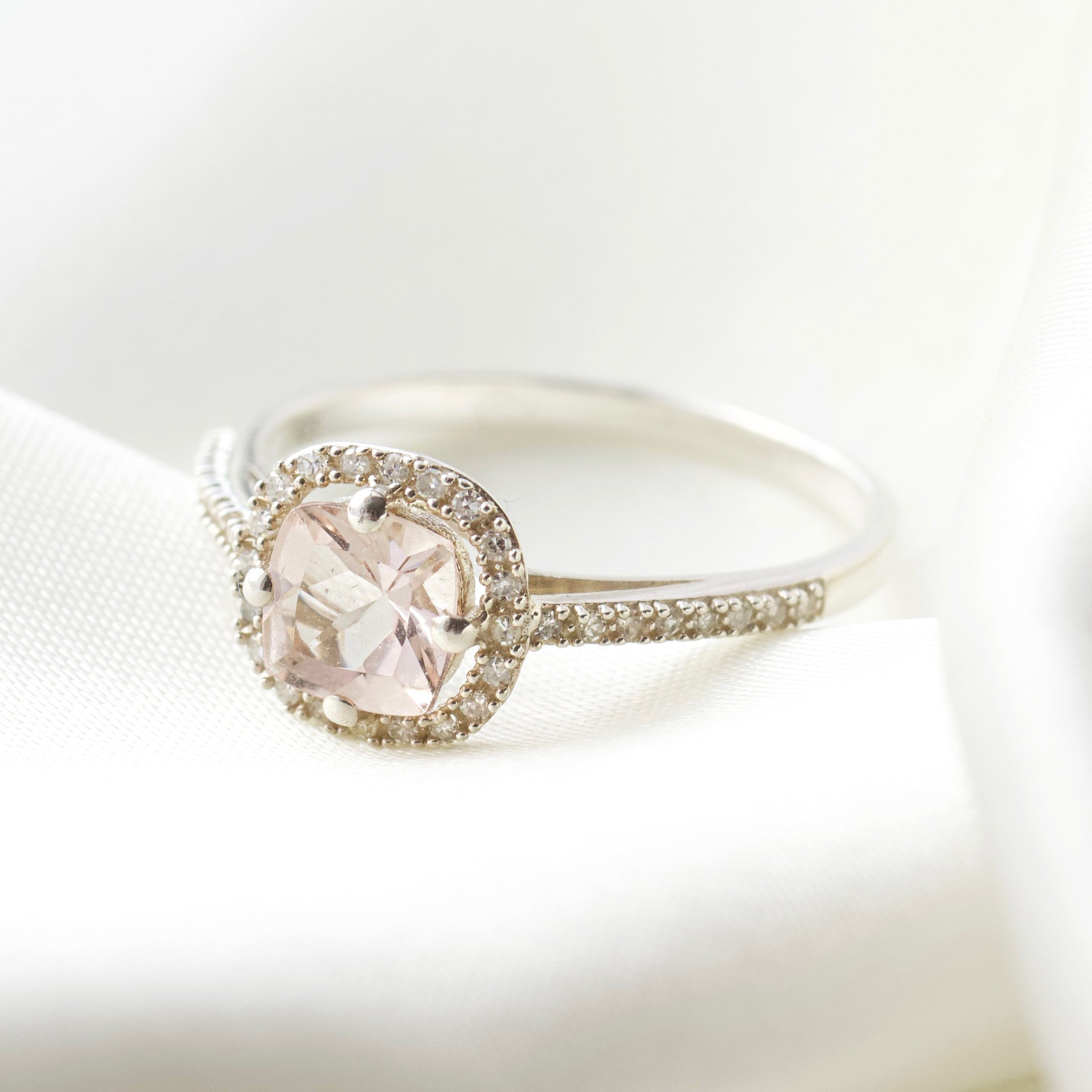 Juliet Morganite & Diamond Ring - 14K Rose Gold, UK Size P | Elegant Engagement, Wedding, or Anniversary Jewelry Gift for Women