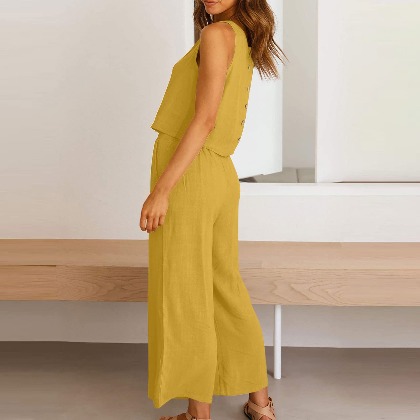 Stylish 2-Piece Linen Outfit Set for Women - Sleeveless Crop Top & Wide Leg Pants | Summer Matching Sets | Beachwear, Vacation Outfits, Casual Chic Ensemble