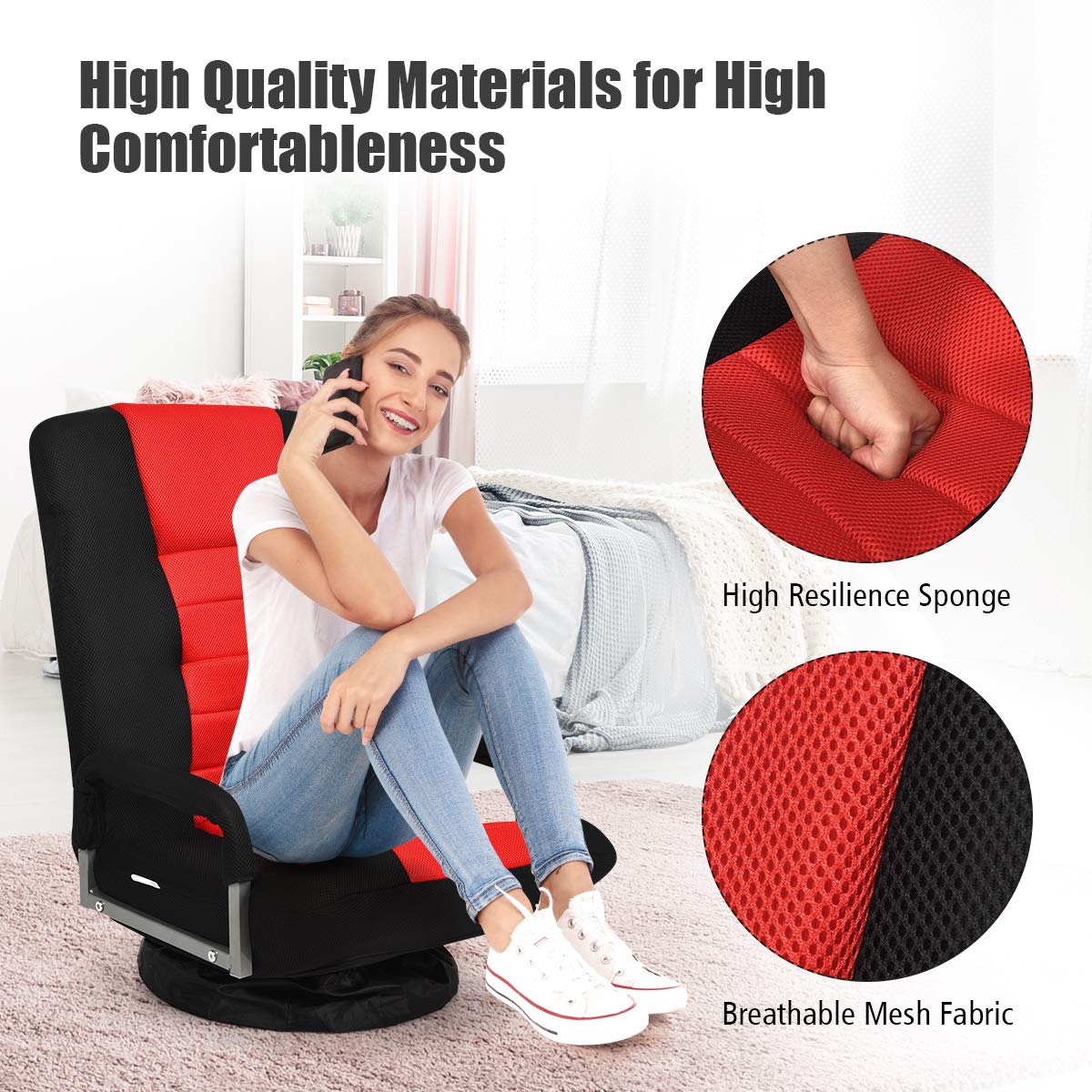 Giantex 360 Degree Swivel Floor Chair - Adjustable Backrest with Lumbar Support & Armrests, Foldable Lazy Sofa Rocker for Living Room, Bedroom, TV Watching, Reading & Gaming (Black/Red) - Comfortable Floor Seating for Small Spaces & Relaxation