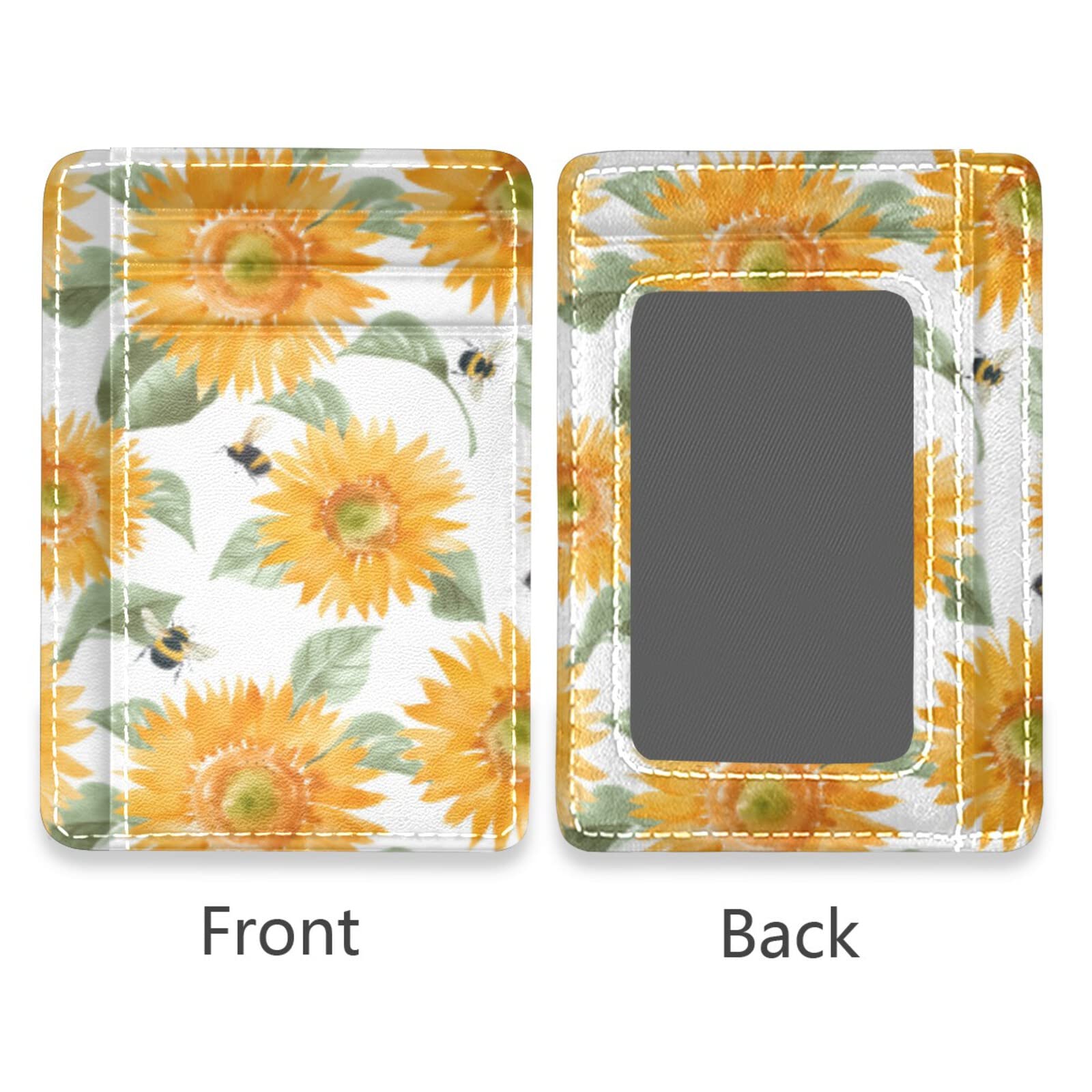 Susiyo Yellow Sunflower Bee Slim RFID Blocking Minimalist Wallet - PU Leather Front Pocket Card Holder for Men & Women | Perfect for Travel, Everyday Use & Gift Giving