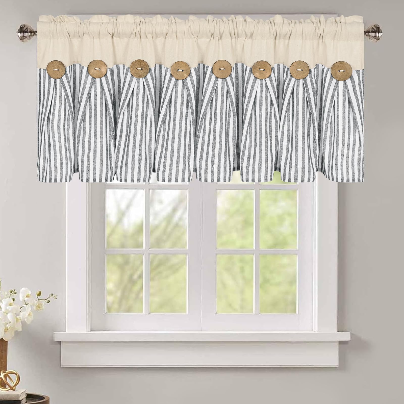 ASPMIZ Cotton Linen Kitchen Valance Curtains - 52 x 18 Inch Boho Rustic Window Valance with Button Detail, Grey Stripe Farmhouse Style for RV Bathroom & Cafe Decor | Perfect for Kitchen, Living Room & Bedroom Windows