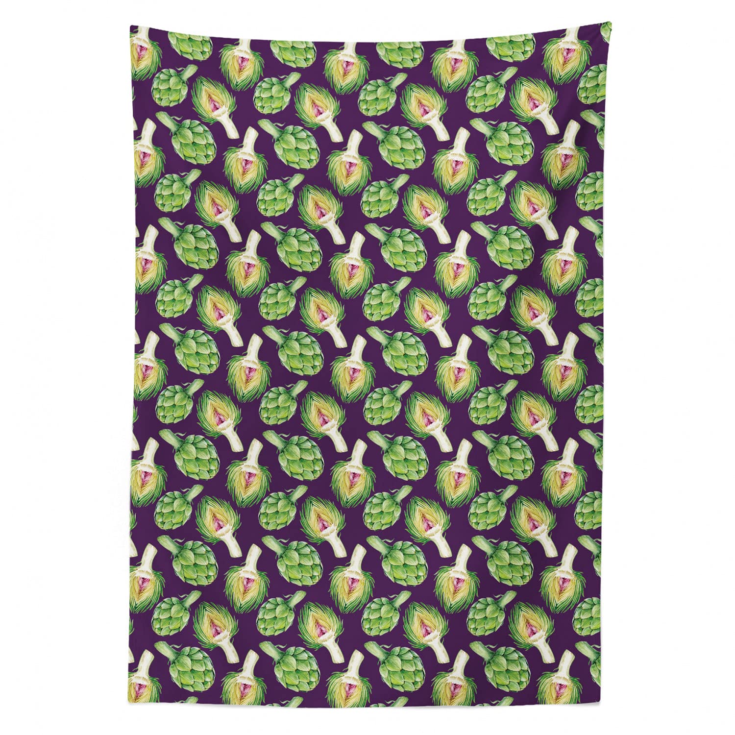 Ambesonne Vegetable Art Tablecloth - Vibrant Artichoke Design Satin Dining Table Cover for Kitchen & Dining Room, 60x84 Inches, Fern Green Plum | Perfect for Tropical-Themed Dinner Parties, Healthy Recipe Presentations & Exotic Home Decor