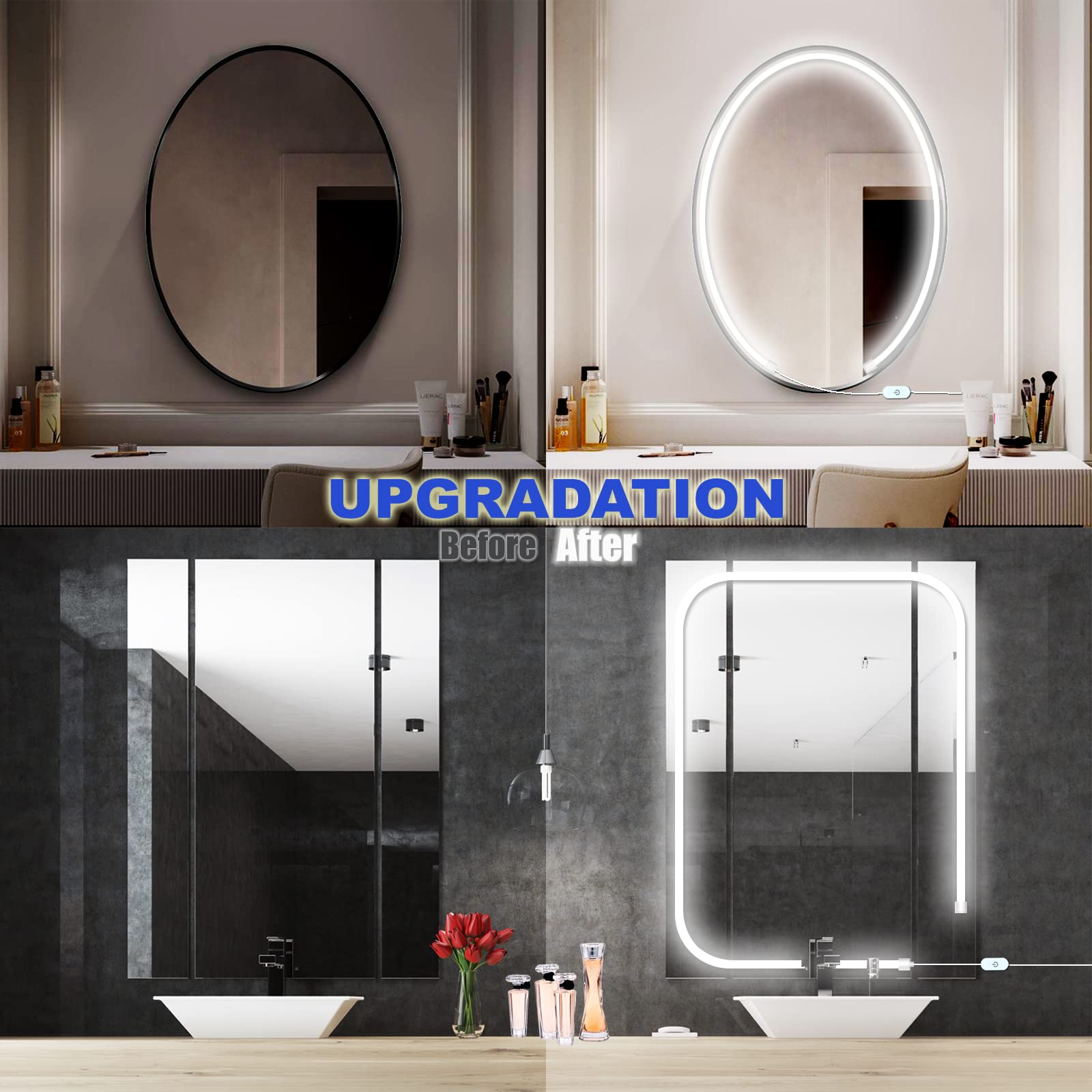 Blikshin 12V LED Vanity Mirror Lights - 6.6FT Dimmable Makeup Lights with ELT Approval (6000K) - Self-Adhesive Bathroom Mirror Lighting for Dressing Room, Makeup Station & Full Body Mirror - Perfect for Home Spa, Salon & Beauty Routines