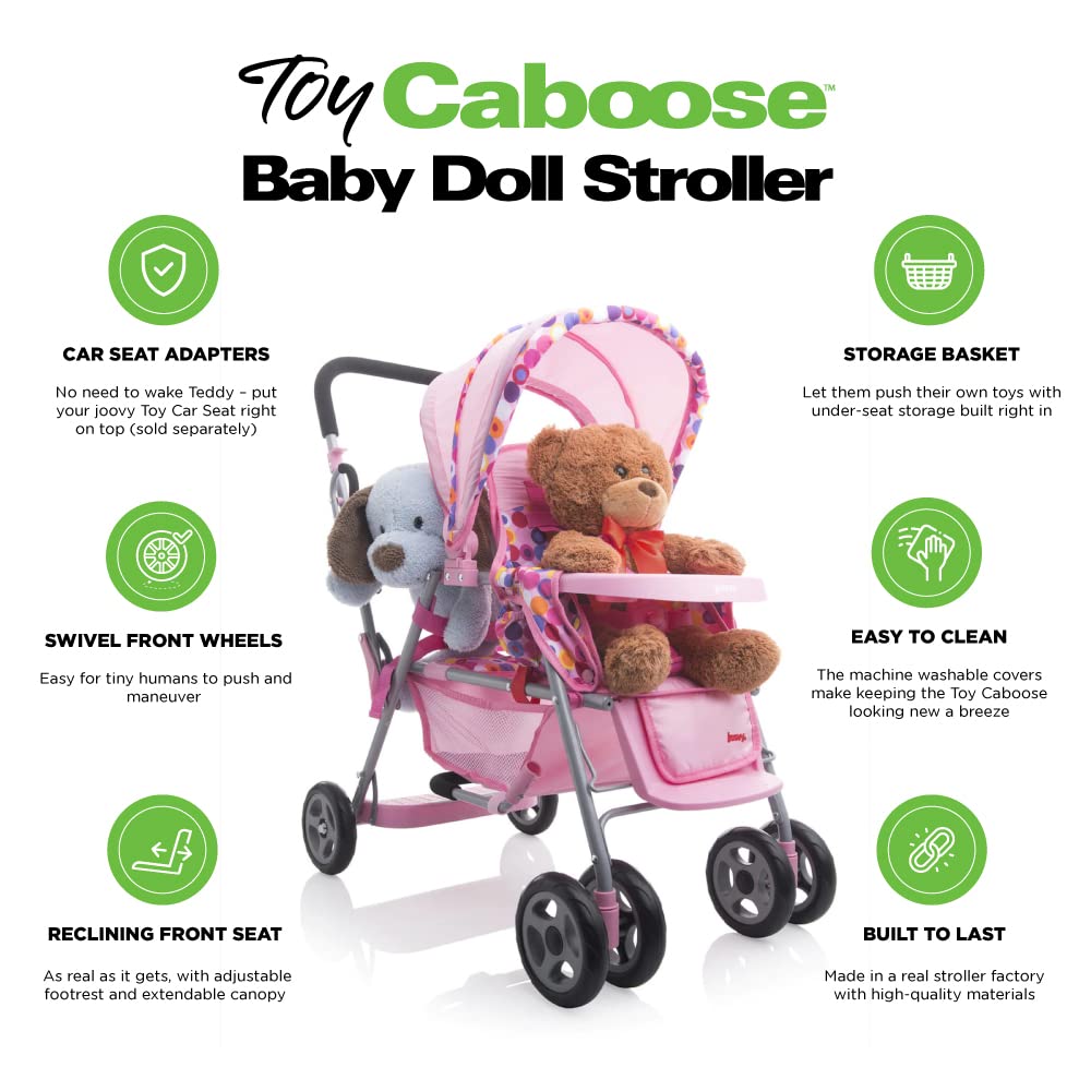 Joovy Toy Caboose Baby Doll Stroller with Reclining Seat, Adjustable Footrest & Storage - 3 Doll Capacity | Pink Dot Stroller for Kids Pretend Play, Role Play & Indoor/Outdoor Toddler Activities