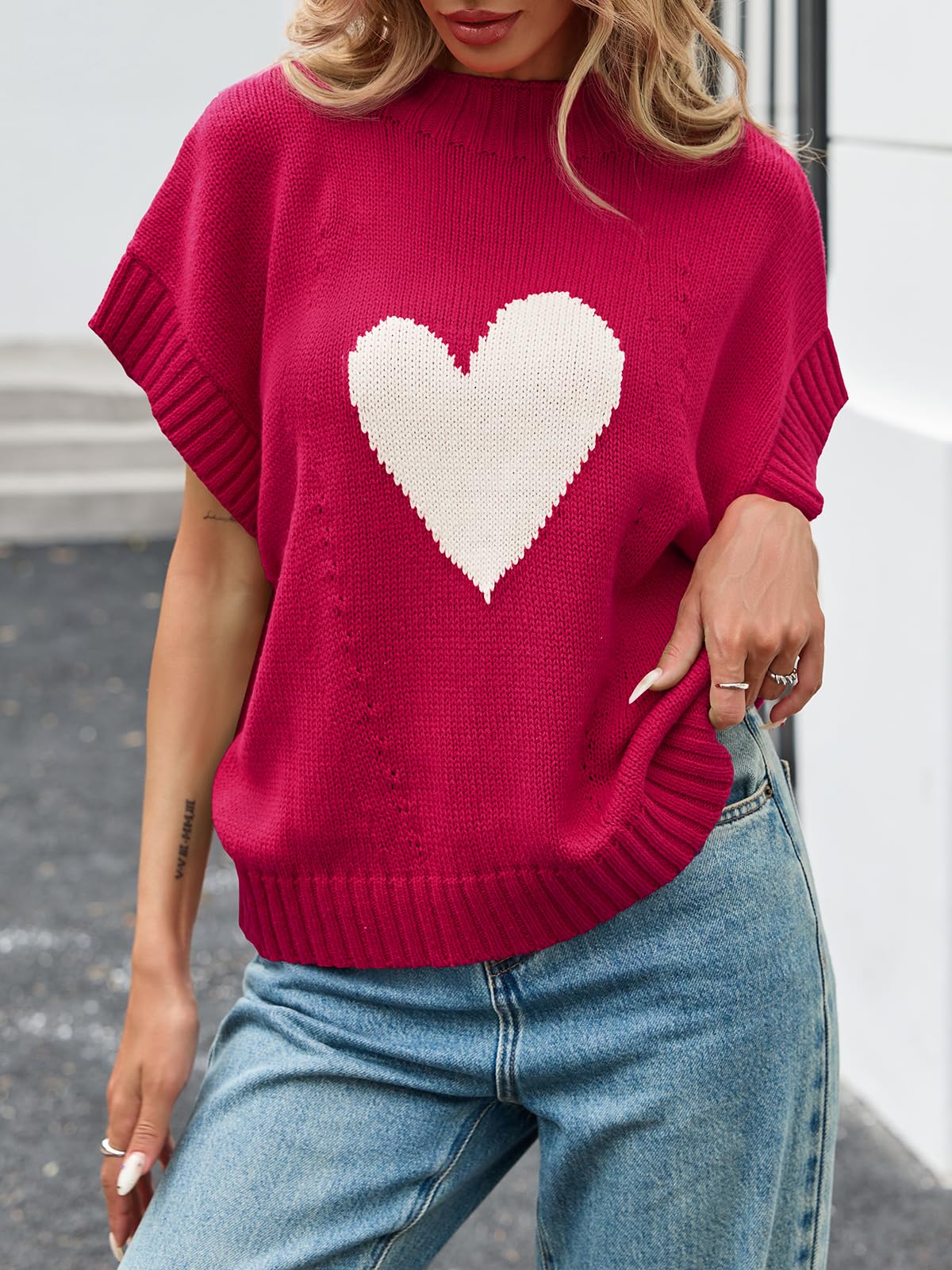 Saodimallsu Women's Heart Print Cropped Knit Sweater - Cute Cap Sleeve Mock Neck Valentine's Day Top for Casual Wear & Date Nights