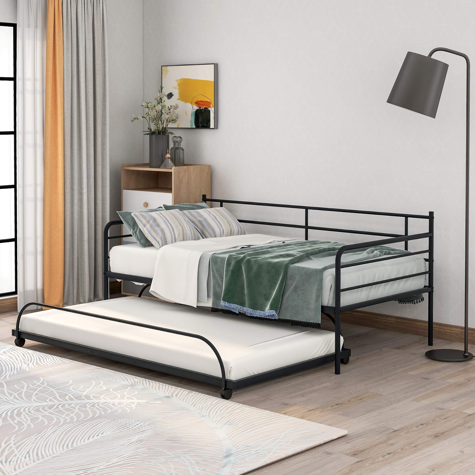 Twin Size Daybed with Trundle Bed - Sturdy Metal Frame, No Box Spring Needed - Perfect for Kids, Teens & Adults - Ideal for Guest Rooms, Dorms & Small Spaces - Black