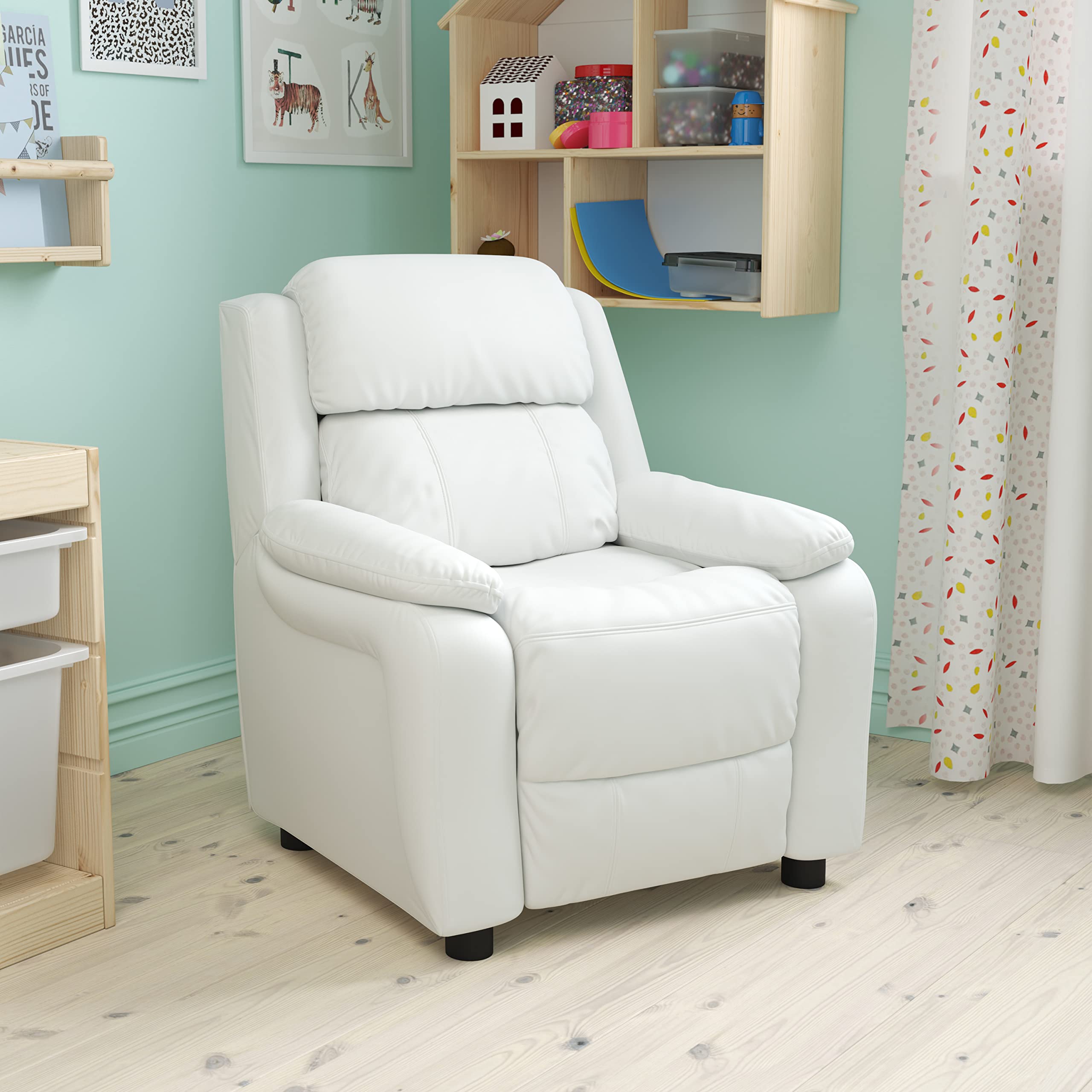 BizChair Deluxe Padded White Vinyl Kids Recliner with Storage Arms - Comfortable Children's Chair for Bedroom, Playroom & Reading Nook