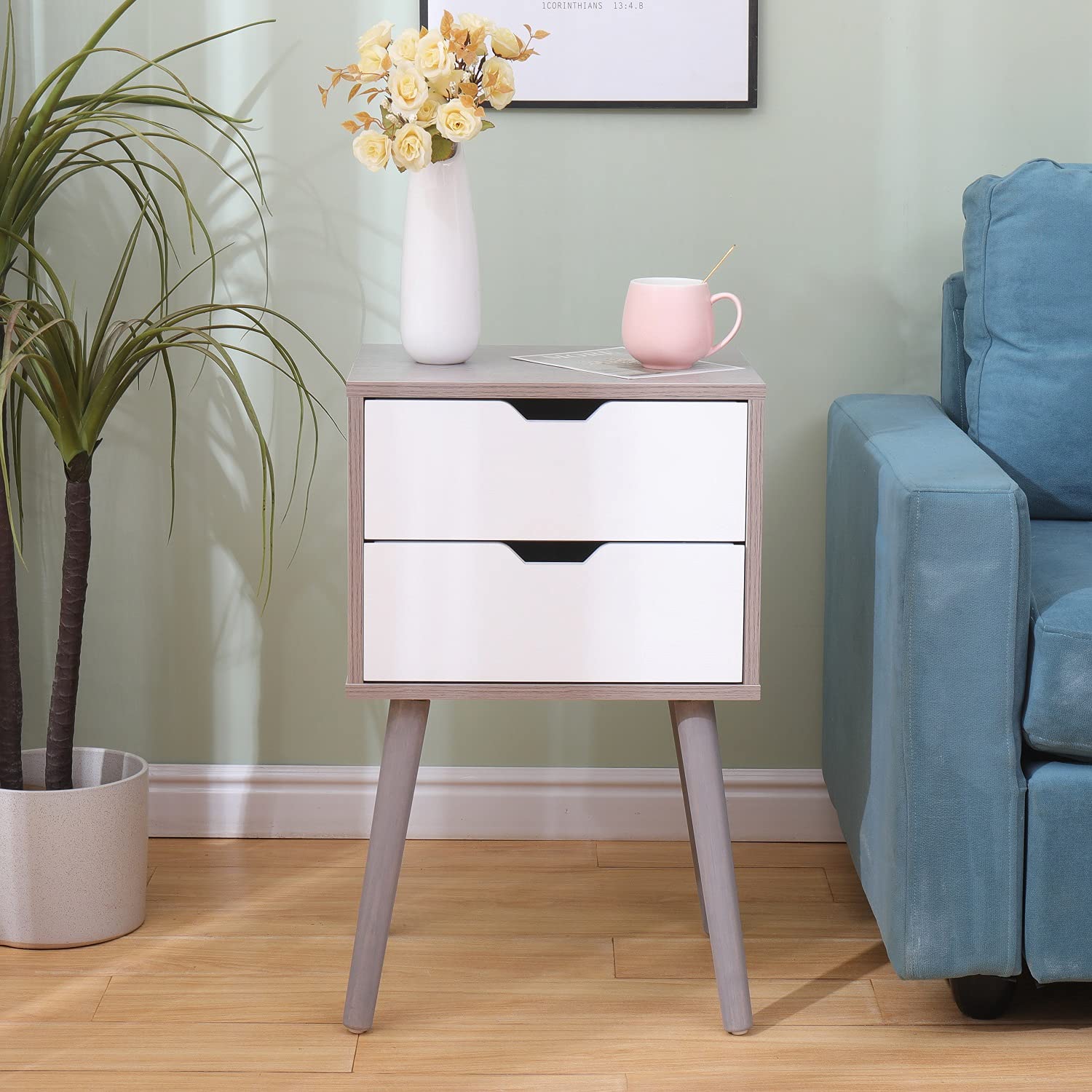 Modern Nightstand Set of 2 - Mid-Century Bedside Tables with 2 Drawers & Solid Wood Legs, Storage Cabinet for Bedroom & Living Room Furniture (Grey) - Perfect for Small Spaces, Guest Rooms & Apartment Decor