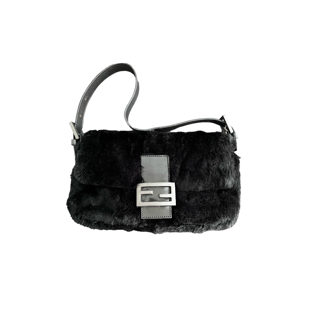 Vintage Fendi So Black Rabbit Fur Baguette Bag - Luxury Designer Shoulder Purse for Women, Perfect for Evening Parties & Special Occasions