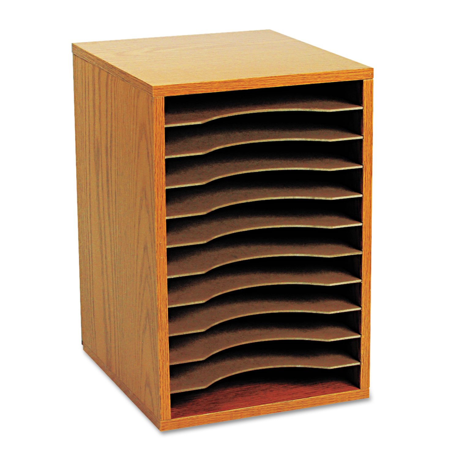 Safco 9419Mo Medium Oak Wood Vertical Desktop File Organizer - 11 Sections, 10 5/8