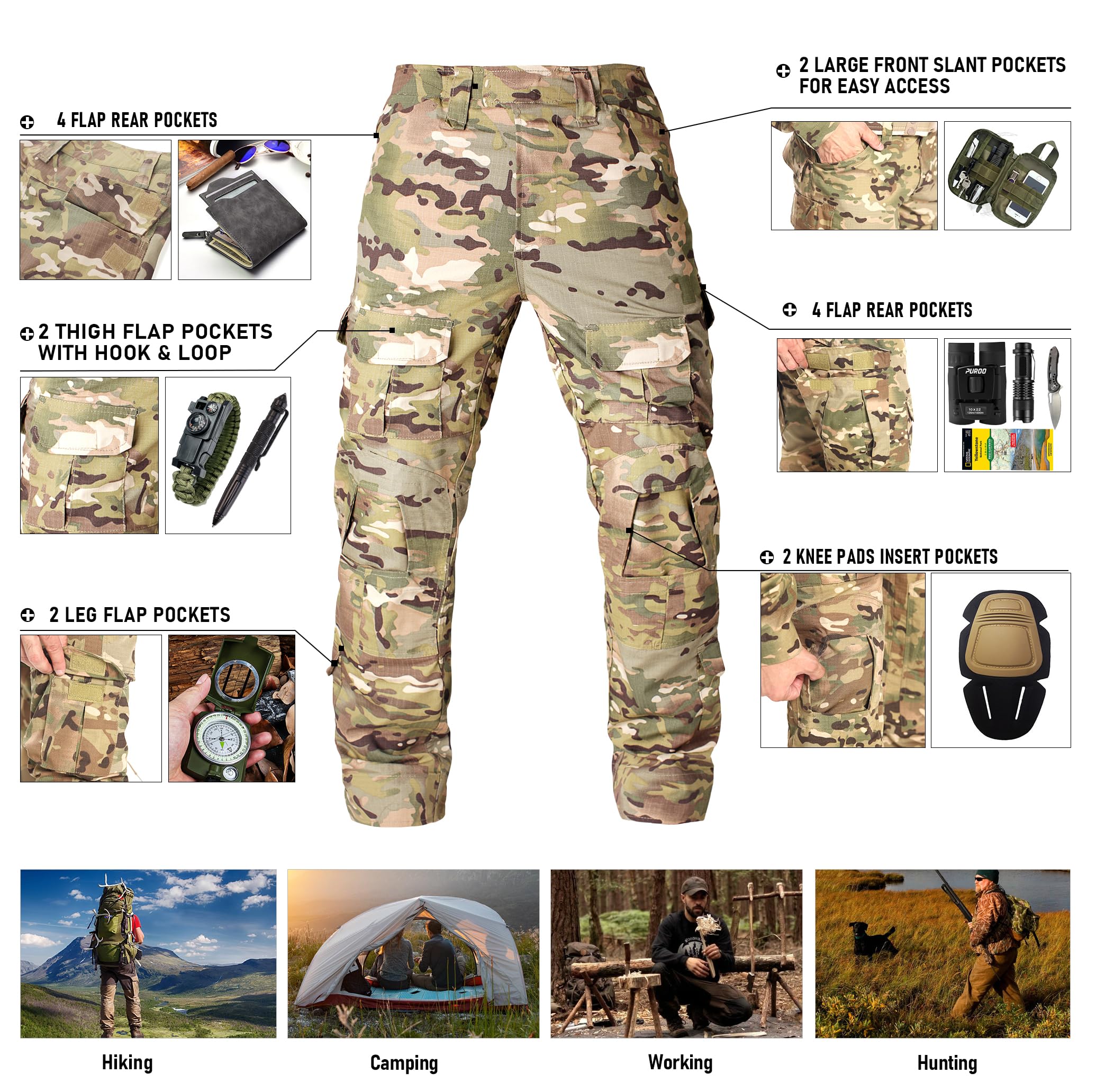 Men's Tactical Camo Cargo Pants - Ripstop Outdoor Hiking & Work Pants with Multiple Pockets (No Belt/Kneepad) - Perfect for Camping, Hunting & Military Training