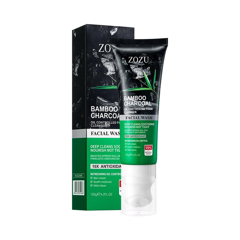 Bamboo Charcoal Face Wash - Oil Control Foam Cleanser for Deep Cleansing, Brightening & Improving Dull Skin | 10X Antioxidant Power | 99% Natural Origin | Perfect for Oily & Acne-Prone Skin Daily Care