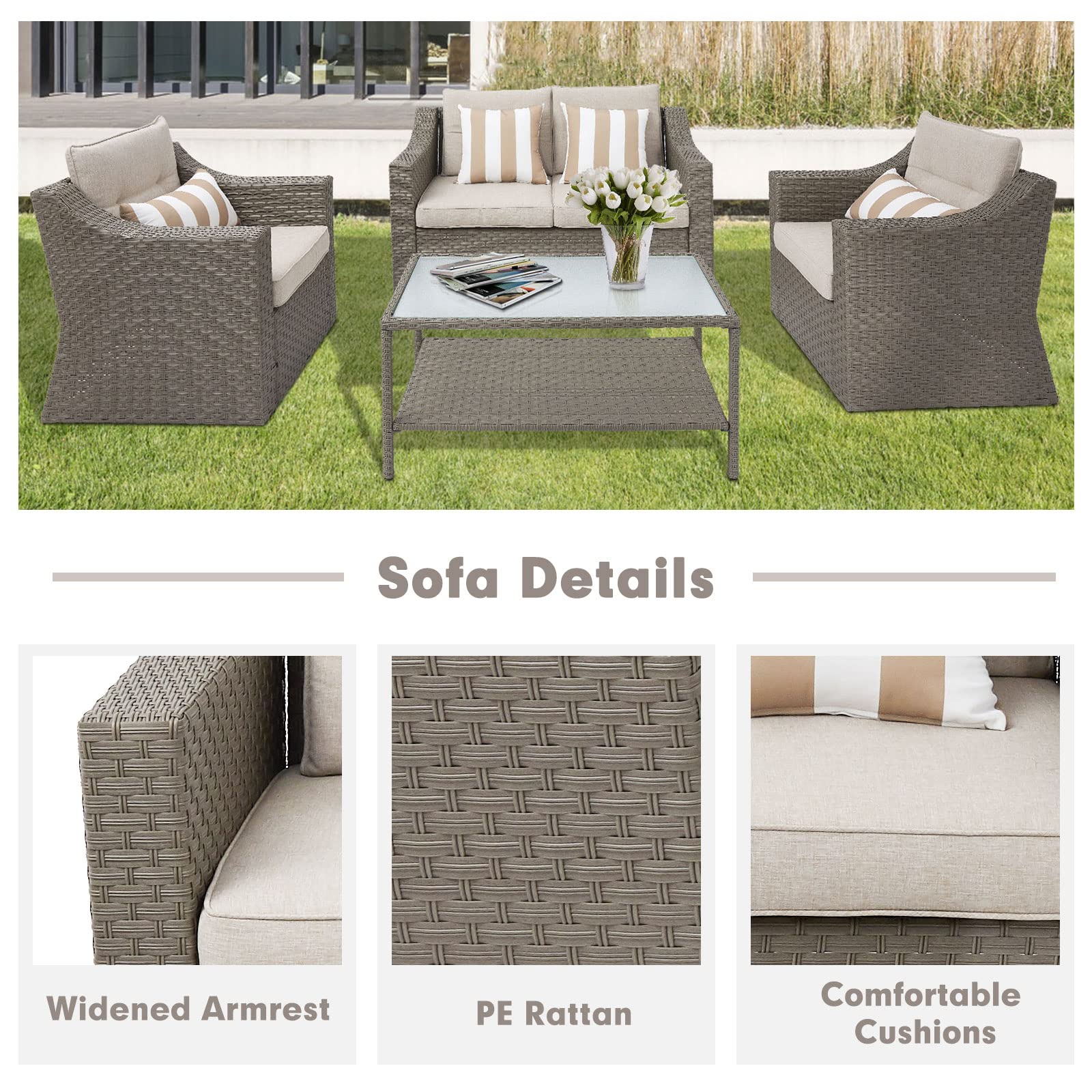 **Crownland 4-Piece Outdoor Patio Furniture Set - All-Weather Wicker Sofa with Beige Cushions & Tempered Glass Coffee Table (Grey) - Perfect for Garden, Poolside, and Backyard Relaxation**