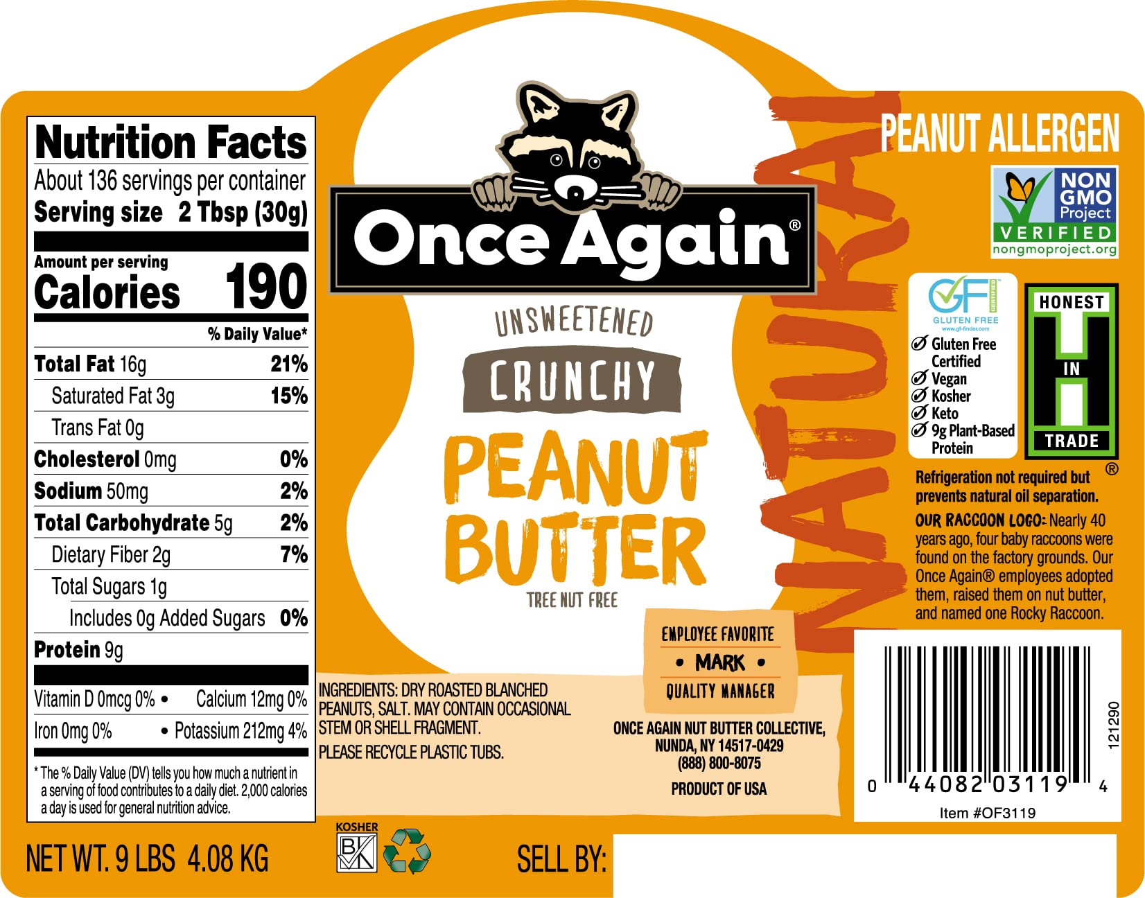 Once Again Natural Crunchy Peanut Butter - 9lb Bulk Bucket (Equivalent to 9 Jars) | Lightly Salted, Unsweetened | Gluten Free, Vegan, Kosher, Non-GMO Certified | Perfect for Baking, Smoothies & Healthy Snacks