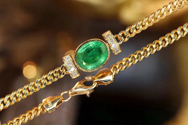 18K Yellow Gold Bracelet with Real Natural Emerald & Shiny Diamonds | Classic Elegant Women's Jewelry for Parties, Weddings & Special Occasions