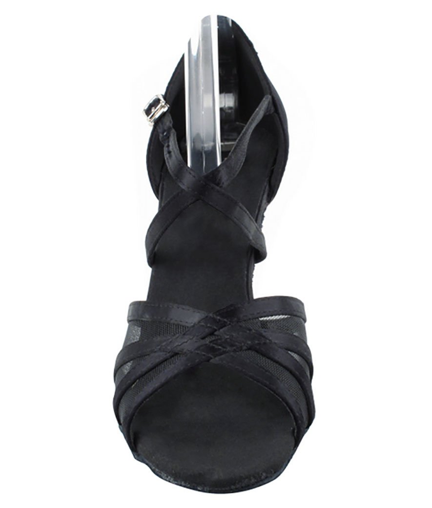 Very Fine Dance Shoes for Ladies - Latin, Rhythm, Salsa, Waltz Ballroom - SERA1605 with 3-Inch Heel & Foldable Brush - Black Satin & Mesh - Size 10 - Perfect for Competitions, Performances & Social Dancing