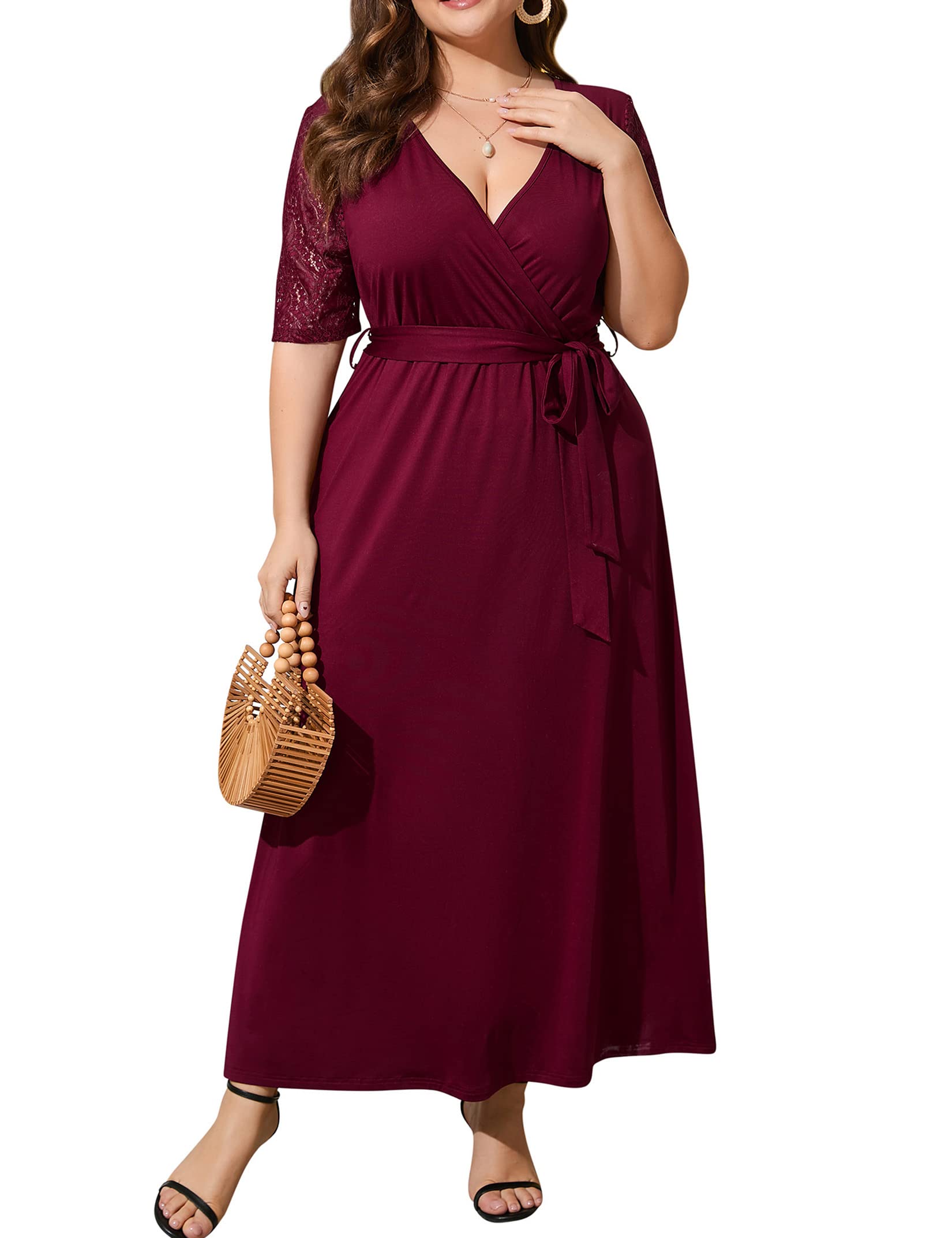 ShopWonder Plus Size Summer Dress for Women - Wrap V Neck Lace Maxi Dress for Wedding Guest & Formal Occasions | Flattering Curvy Fit, Short Sleeve, Elegant Design for Beach Parties & Special Events