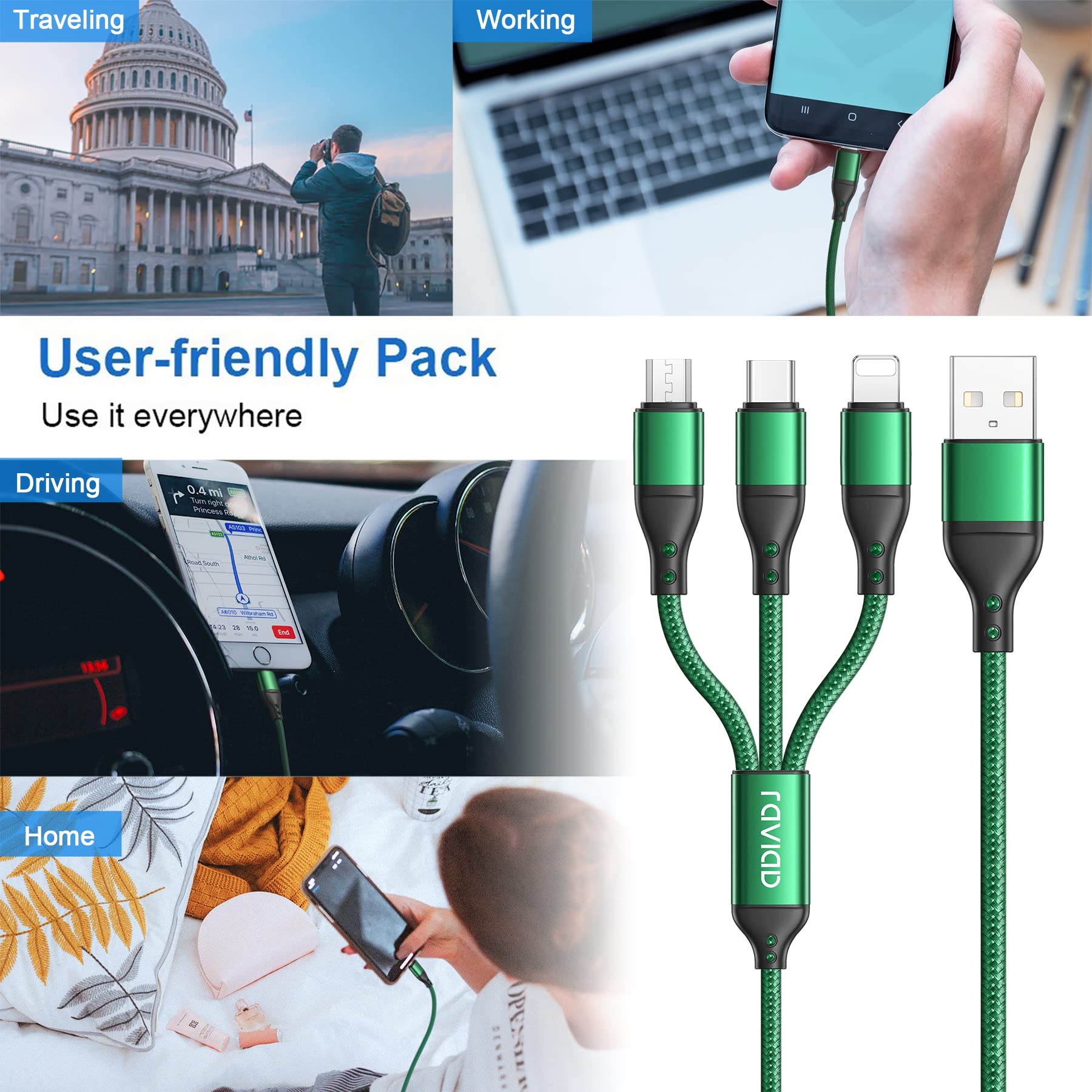 RAVIAD 3-in-1 Charging Cable 1.2M Nylon Braided - USB C, Micro USB & Lightning Cable Compatible with iPhone, Samsung Galaxy, Huawei, Nokia, LG, Kindle - Perfect for Home, Office & Travel Charging