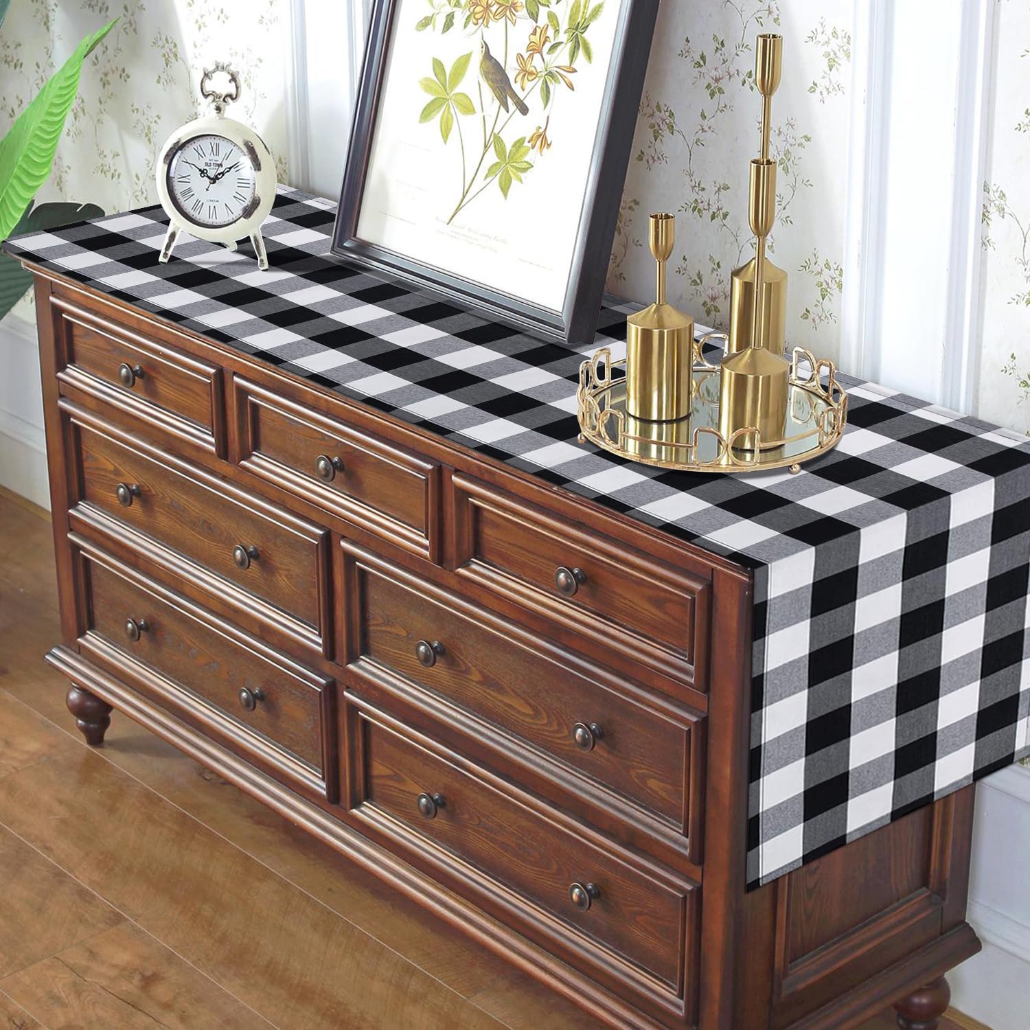 72 Inch Black and White Gingham Table Runner - Rustic Farmhouse Kitchen Decor, Buffalo Plaid Checkered Dresser Cover for Bedroom, Easter Party Table Decoration | Perfect for Spring Gatherings, Dining Room Centerpieces & Farmhouse Style Home Decor