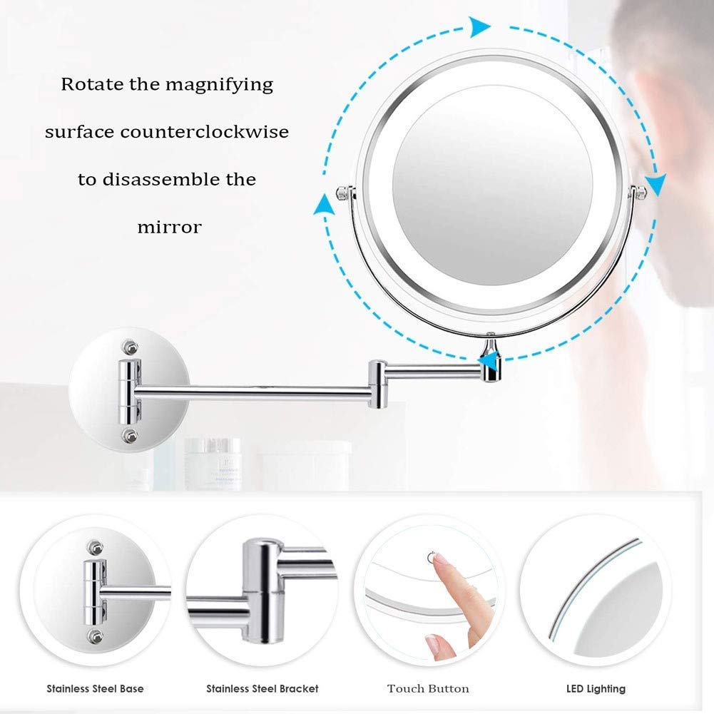 CXQD Double-Sided Round Bathroom Mirror - Wall Mounted Swivel Extendable Magnifying Mirror with Touch Screen & Dual Lighting for Shaving, Makeup, and Skincare | Perfect for Vanity, Bathroom, and Dressing Room
