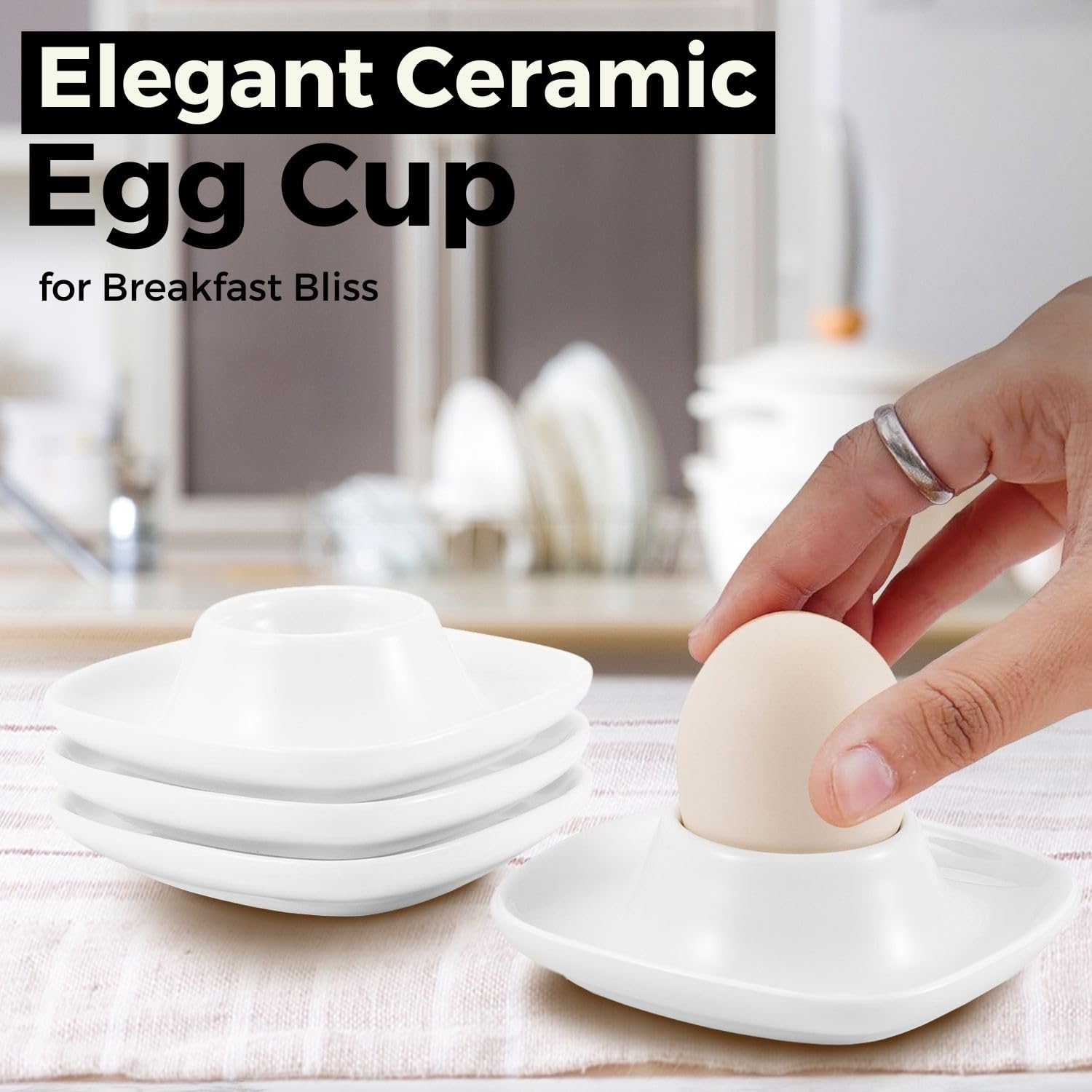 Flexzion Soft Boiled Egg Holder Set - 6 Pack Ceramic Egg Cups for Soft Boiled Eggs - Stackable British Style Egg Coddlers with Base - Perfect for Breakfast, Brunch & Elegant Dining Table Setting