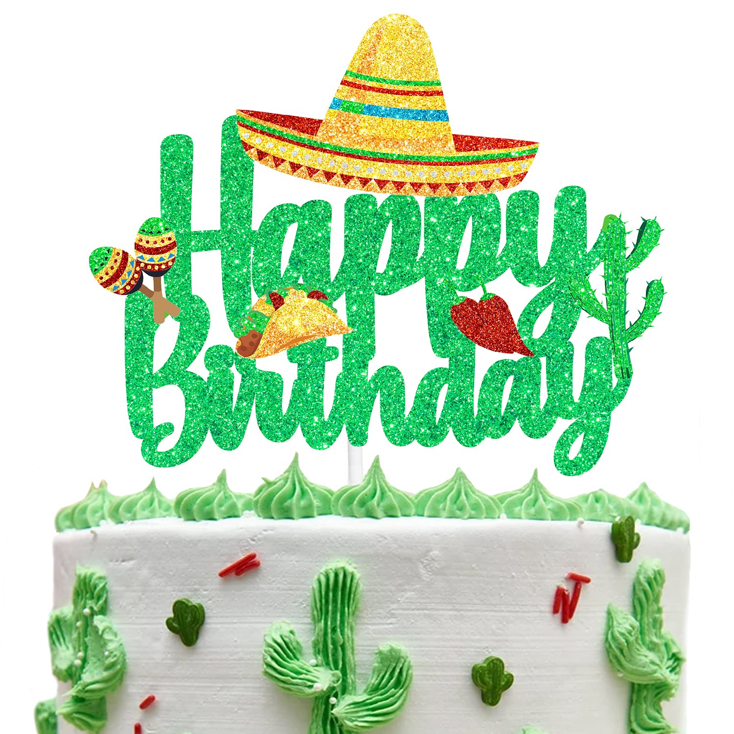 Fiesta Cake Topper - Glitter Cactus Happy Birthday Party Decorations | Perfect for Mexican Themed Parties, Baby Showers & Cinco de Mayo Celebrations