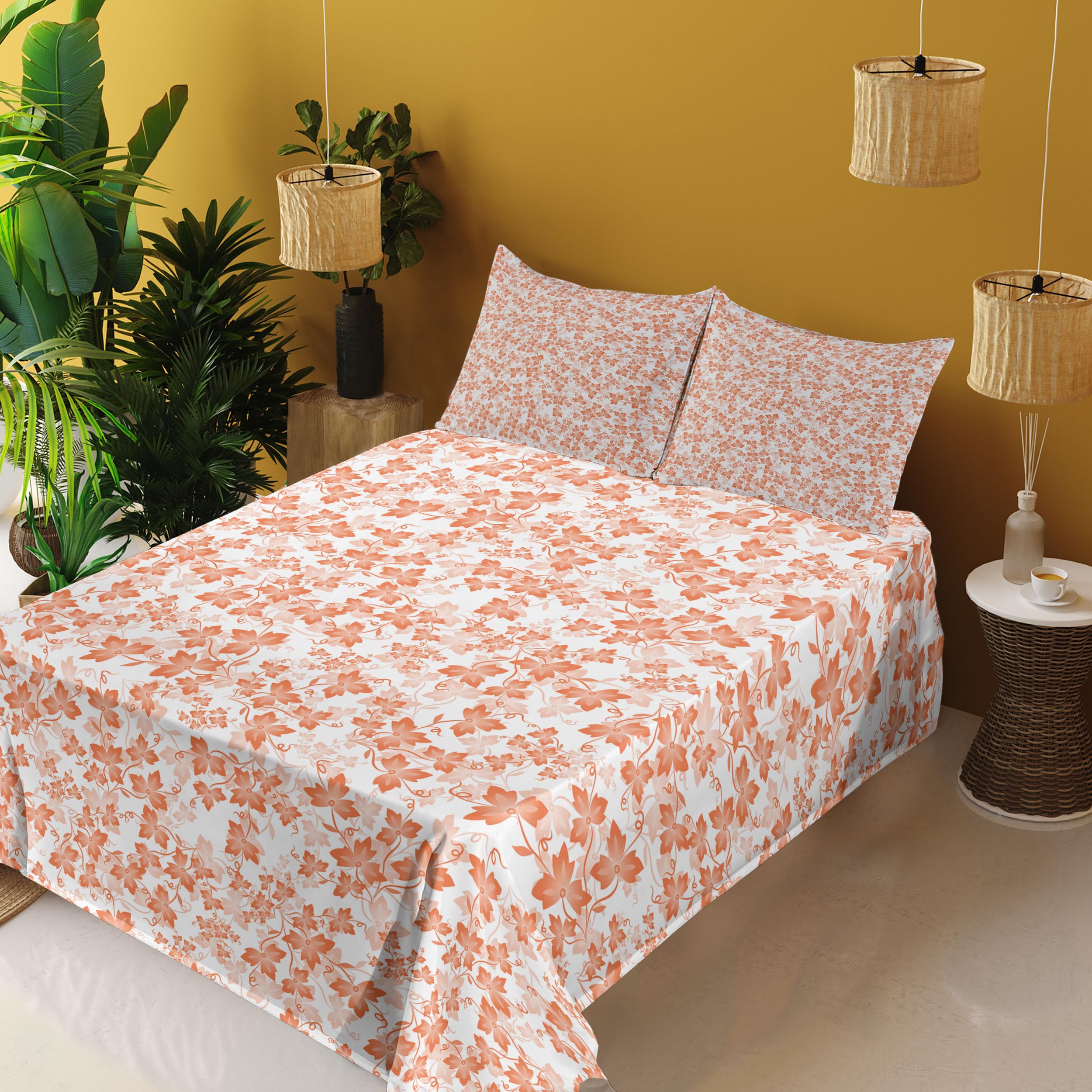 Ambesonne Autumn Sheet Set - Fall Foliage Gradient Art Design, 4-Piece King Size Bedding with Fitted Sheet, Flat Sheet & Pillowcases in White Peach | Cozy Seasonal Home Decor for Fall & Thanksgiving
