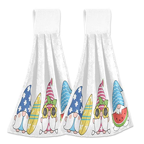 Summer Beach Gnomes Kitchen Towels Set of 2 - Absorbent Watermelon Print Hanging Hand Towels with Loops for Bathroom, Kitchen & Oven Handle - Decorative Dish Towels Perfect for Beach House, RV, and Coastal Home Decor