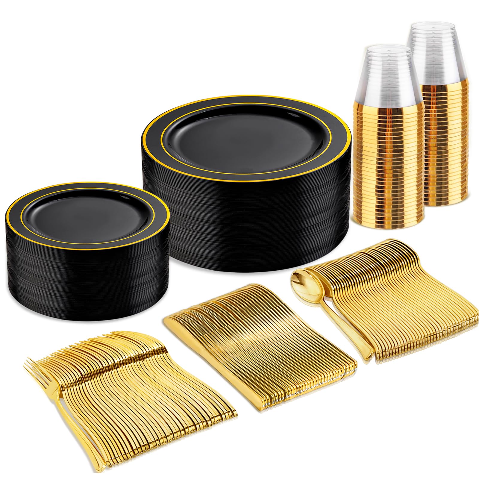 150-Piece Black and Gold Disposable Dinnerware Set for 25 Guests - Includes 25 Dinner Plates, 25 Dessert Plates, 25 Spoons, 25 Forks, 25 Knives & 25 Cups - Elegant Party Supplies for Weddings, Birthdays, New Year Celebrations & Holiday Gatherings