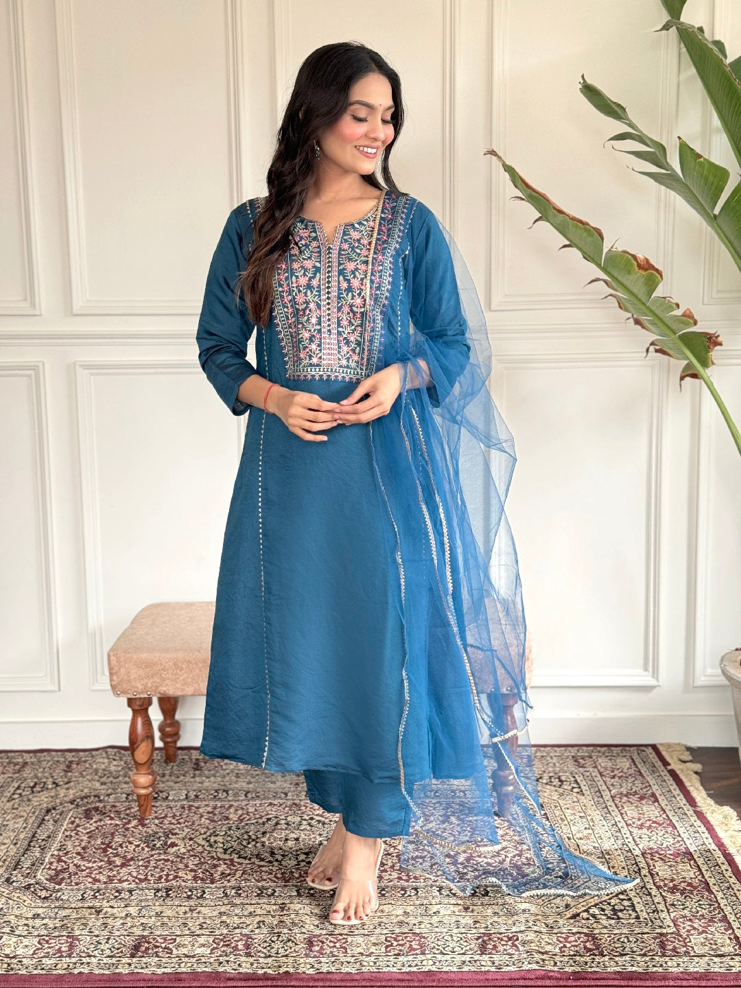 Blue Designer Ready-Made Pants with Printed Embroidery Work - Stylish Women's Fashion for Casual Wear & Office Outfits