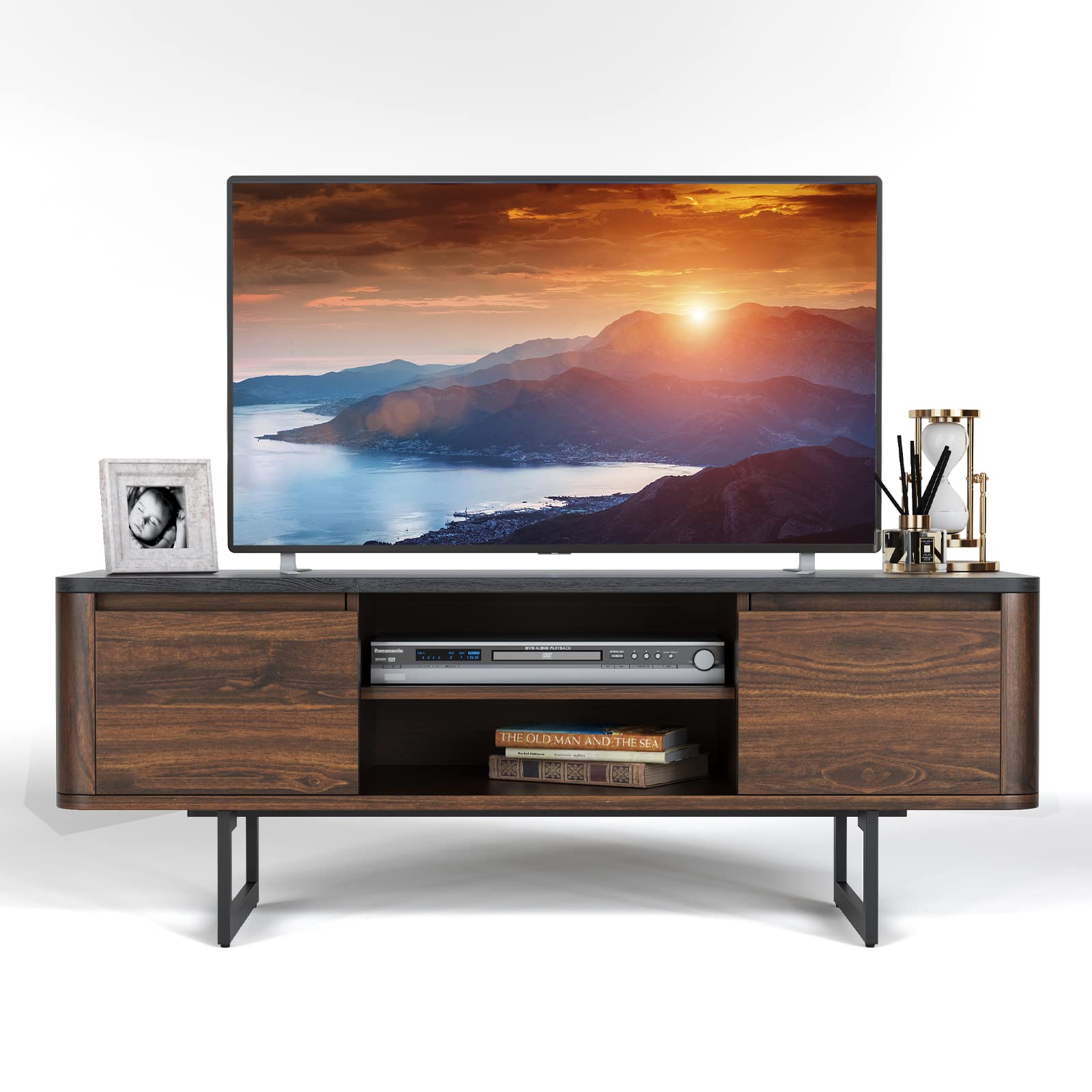 Tangkula 55 Inch TV Stand with Metal Base & 2-Door Storage - Wooden Media Console with Adjustable Shelf & Cable Management - Entertainment Center for Living Room, Bedroom - Brown (Perfect for Home Theater Setup & Living Room Organization)