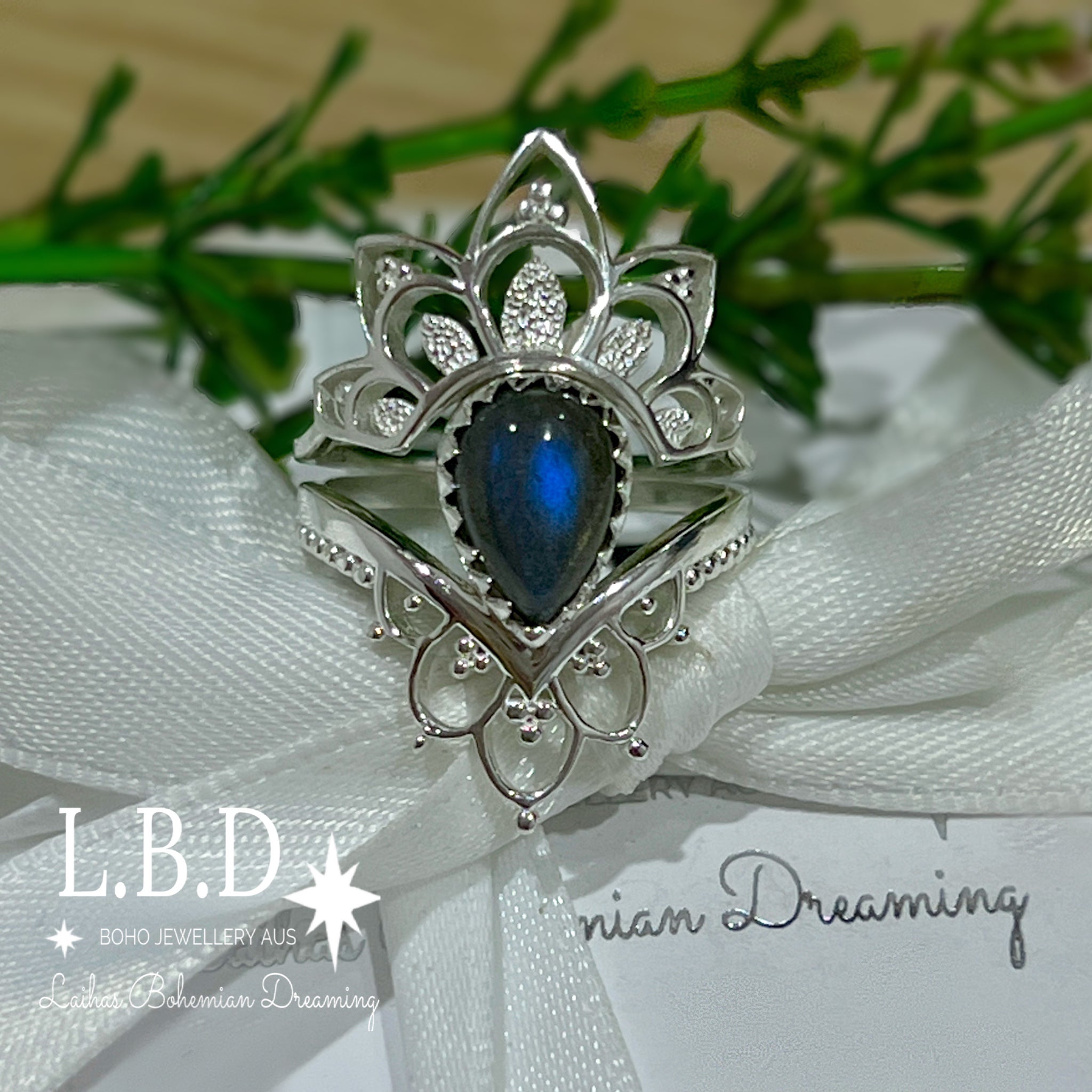 Boho Labradorite Ring Set for Women - Sterling Silver Stackable Rings with Natural Stone - Perfect for Boho Chic, Hippie Jewelry & Everyday Wear
