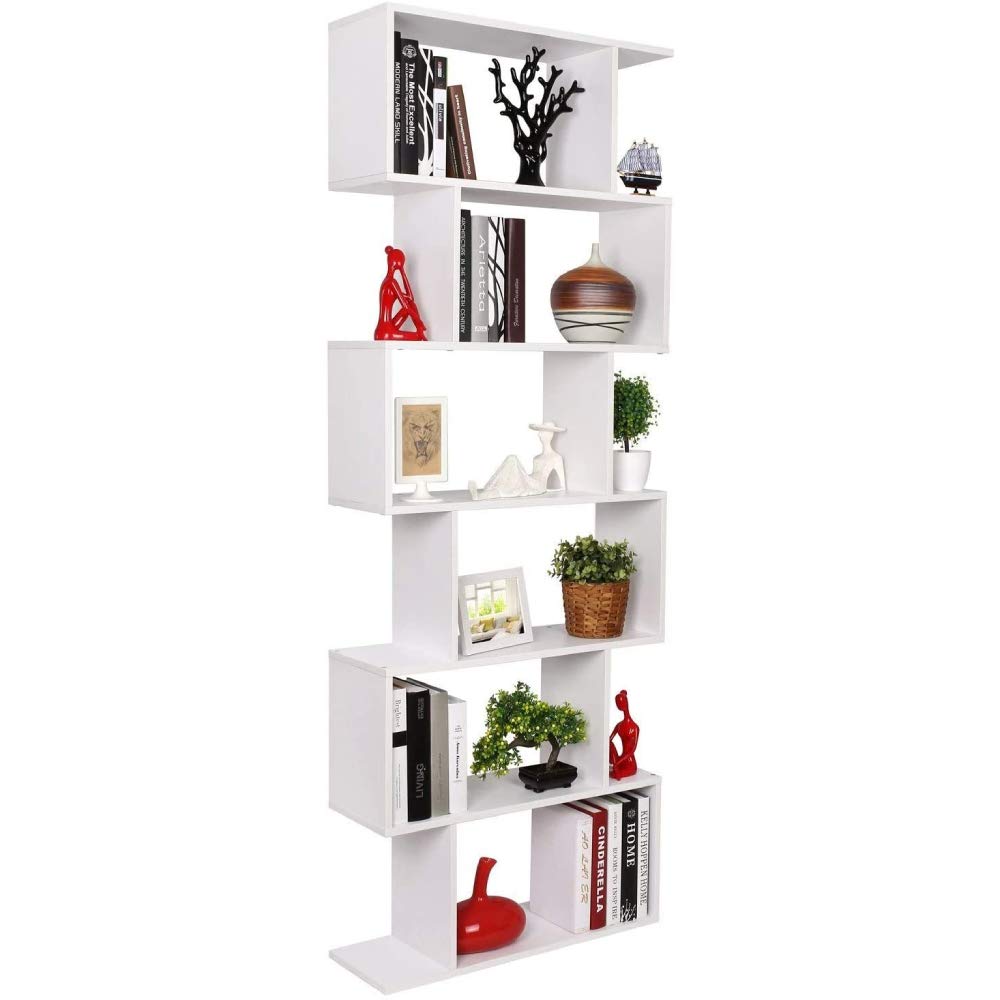 Pinwnfe 6 Tier Bookcase - Modern S-Shaped Z-Shelf Style Wooden Storage Display Stand for Living Room, Home Office & Bedroom - White | Perfect for Organizing Books, Decor & Office Supplies in Small Spaces