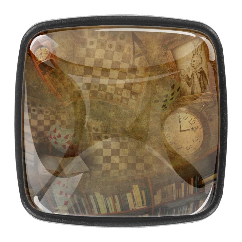 Vintage Alice in Wonderland Square Cabinet Knobs - Pack of 4 | Retro Bookshelf & Pocket Watch Design for Kitchen, Cupboard, Drawer Pulls | Perfect for Themed Decor, DIY Furniture Upgrade & Wonderland-Inspired Home